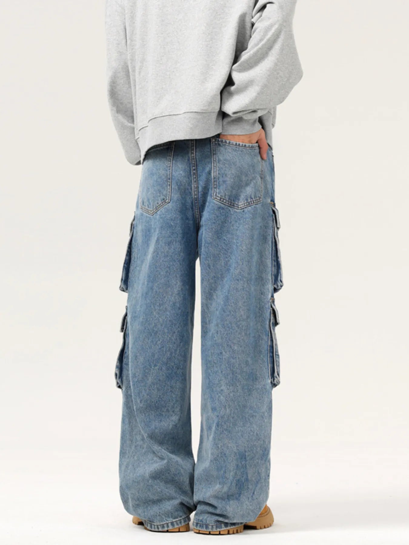 Jeans cargo pants men's multi-pocket wide leg denim S-2XL