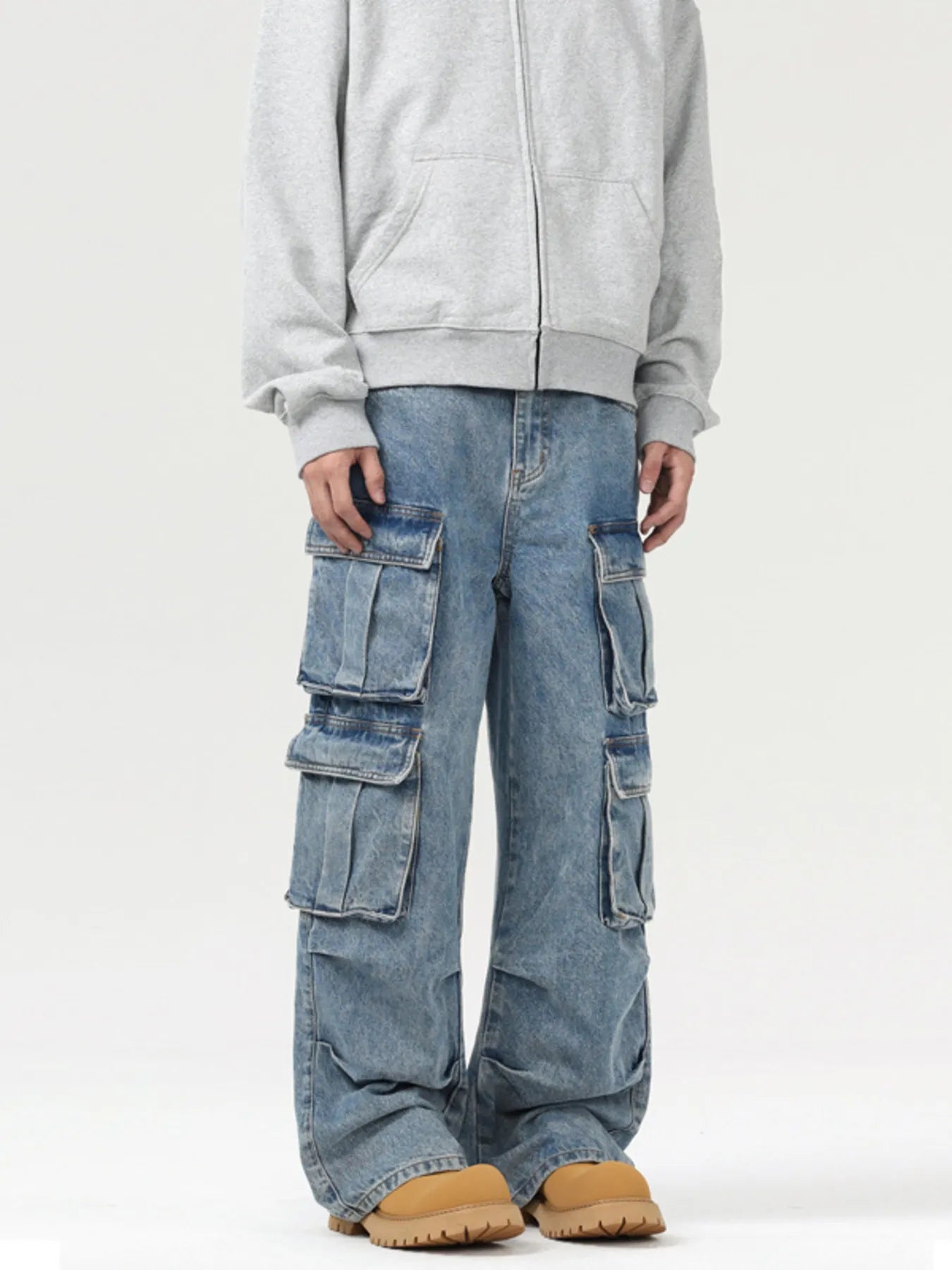 Jeans cargo pants men's multi-pocket wide leg denim S-2XL