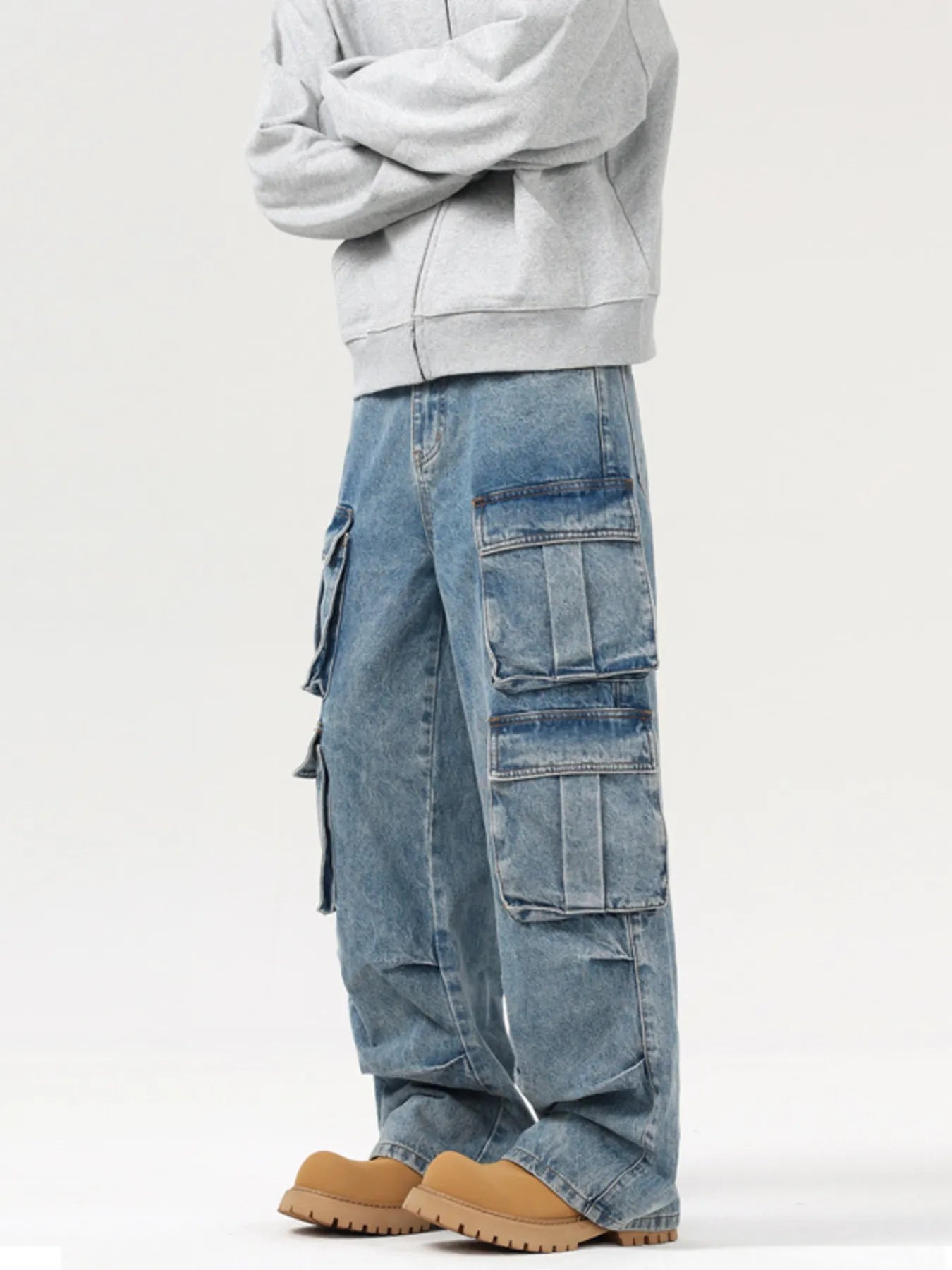 Jeans cargo pants men's multi-pocket wide leg denim S-2XL
