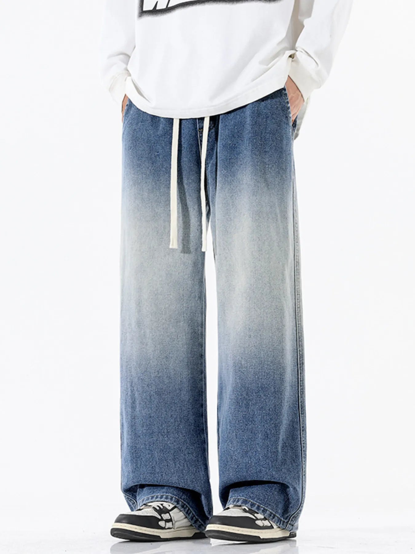 Jeans for men torn gradient wash wide leg drawstring plus size S-3XL