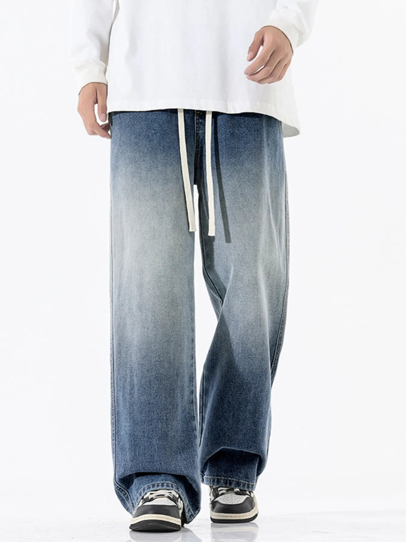 Jeans for men torn gradient wash wide leg drawstring plus size S-3XL