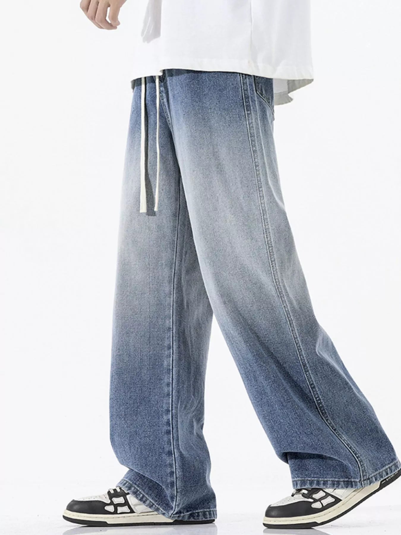 Jeans for men torn gradient wash wide leg drawstring plus size S-3XL