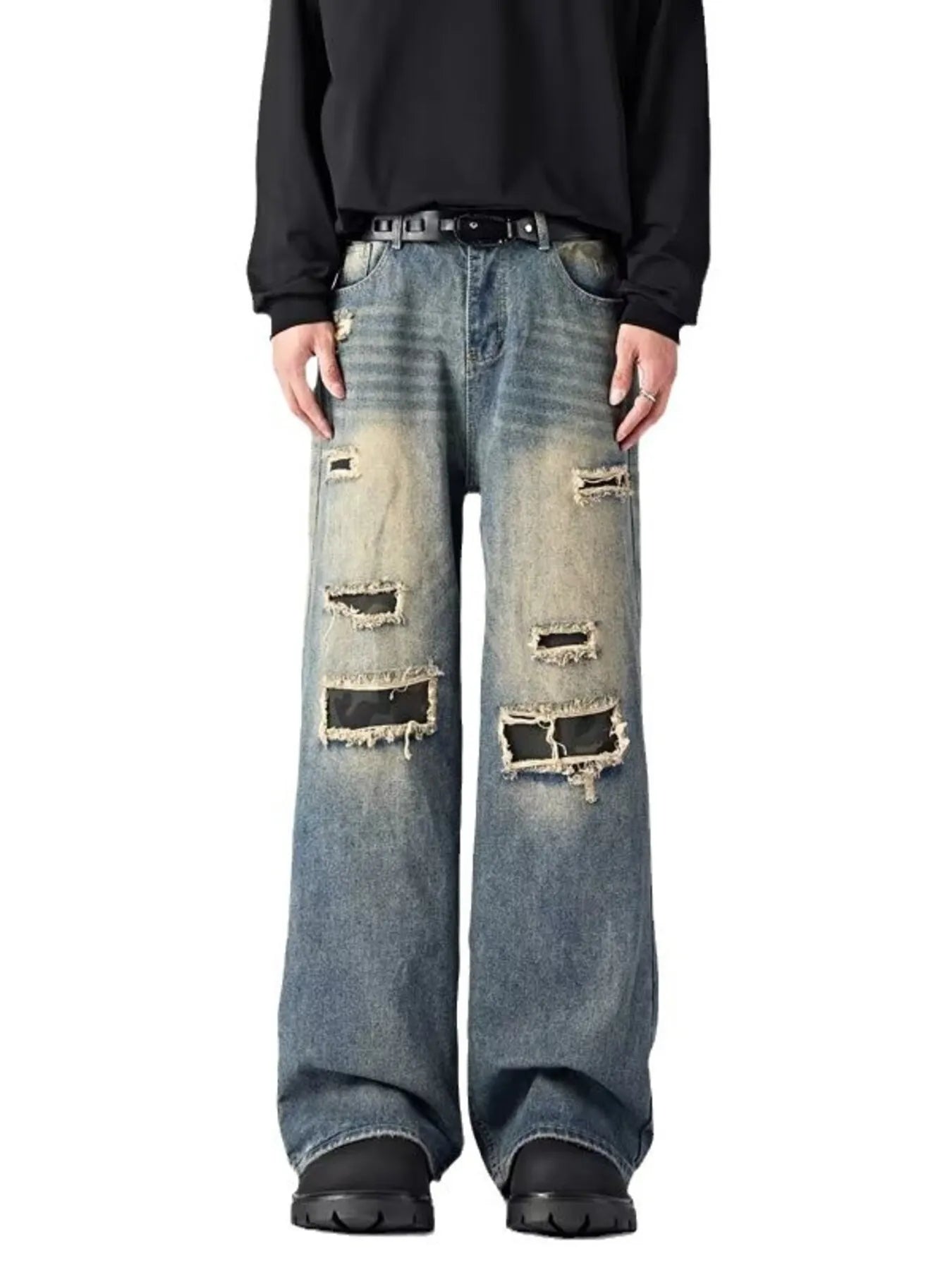 Jeans loose fit for men ripped wide leg denim S-2XL