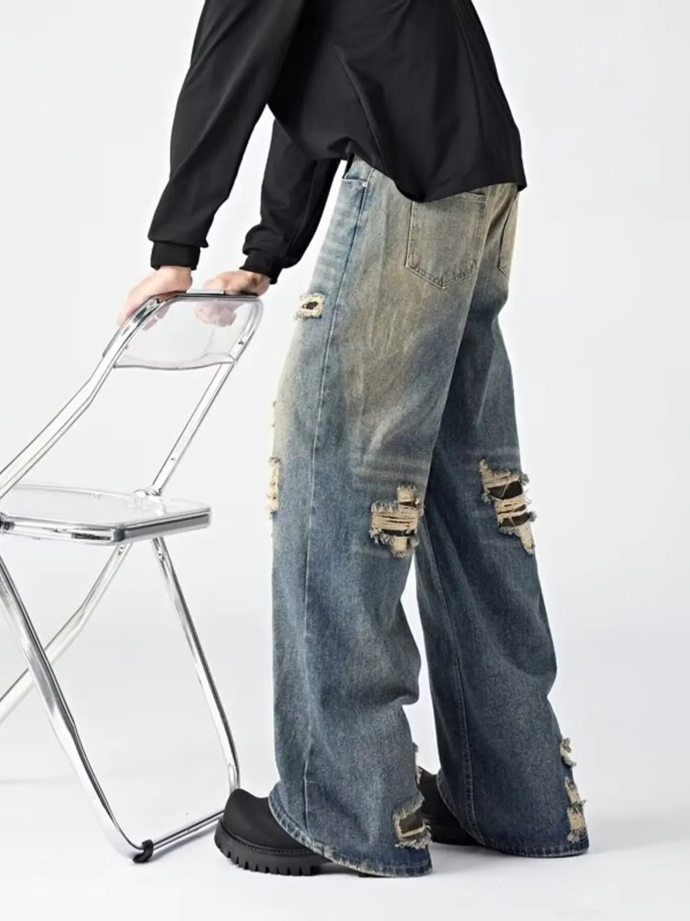 Jeans loose fit for men ripped wide leg denim S-2XL