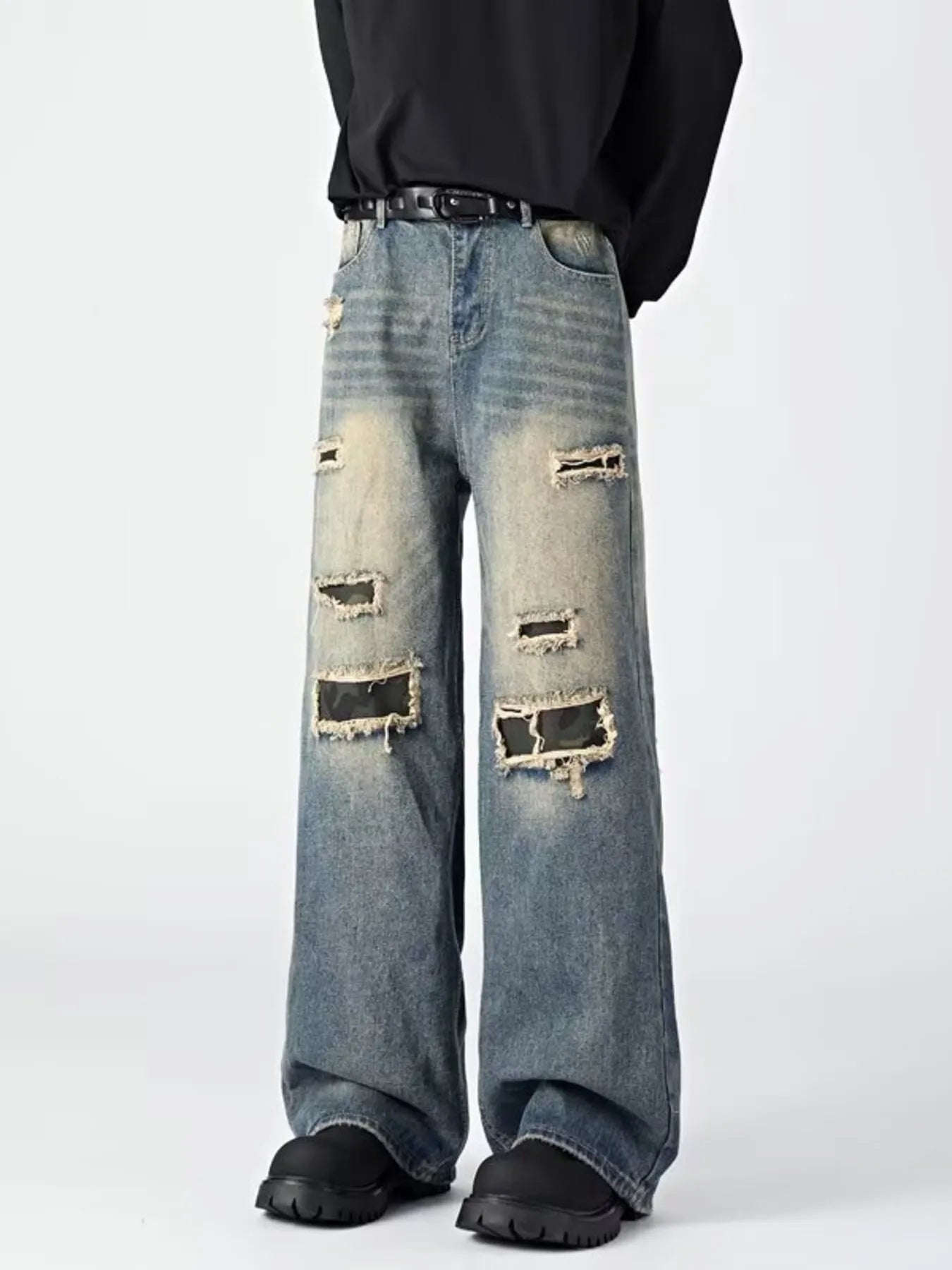 Jeans loose fit for men ripped wide leg denim S-2XL