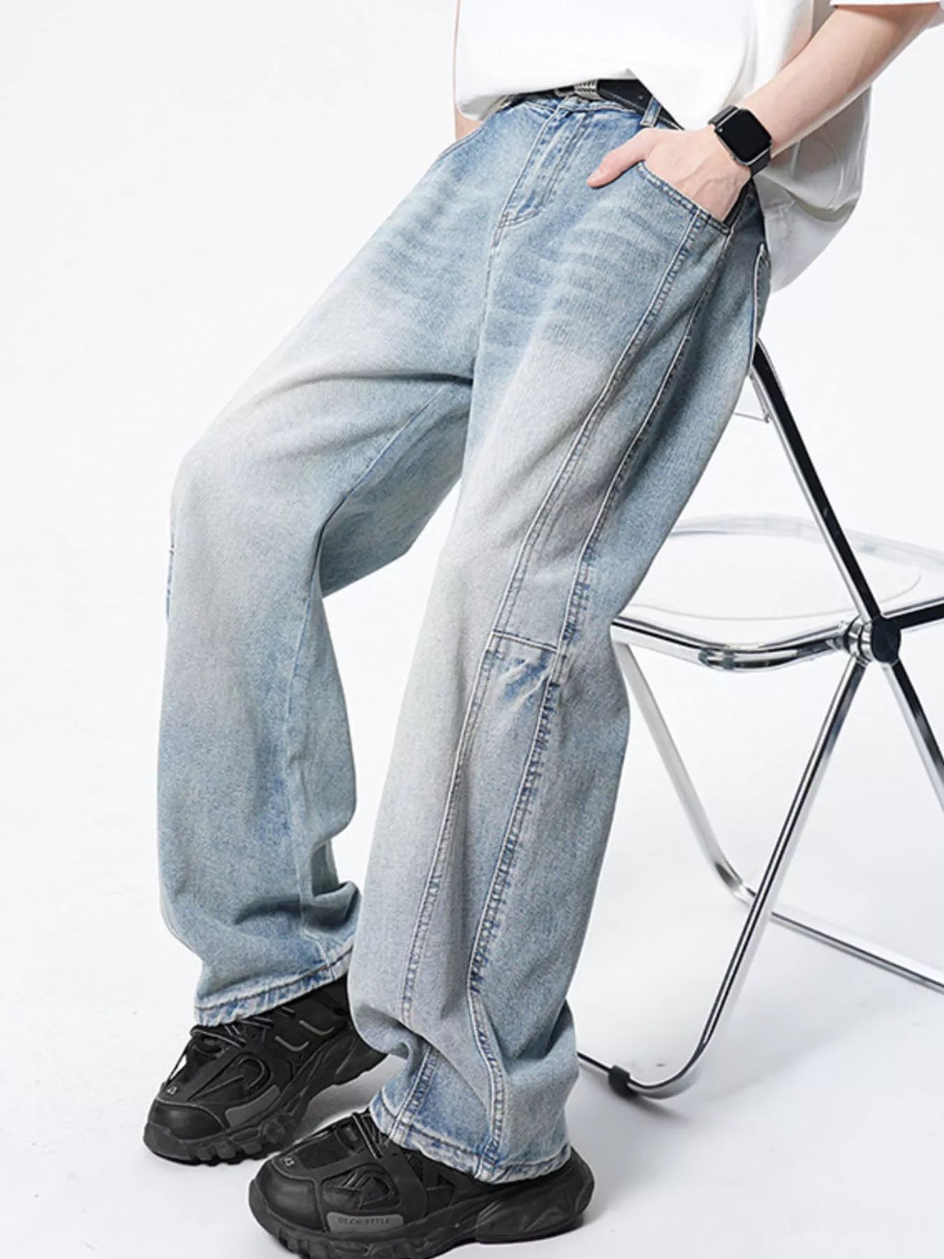 Wide leg lightweight jeans men's vintage dark light wash denim S-2XL