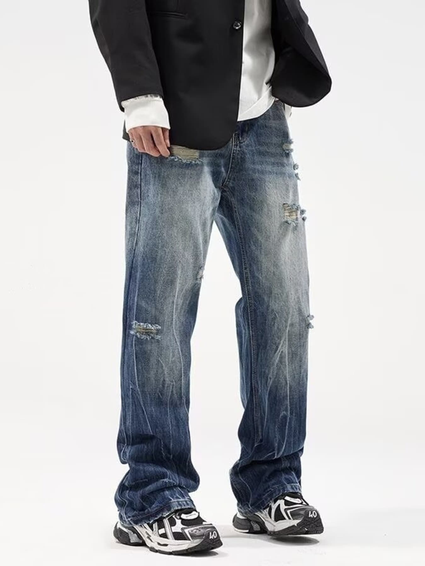 Loose fit jeans for men plus size distressed wide leg denim S-2XL