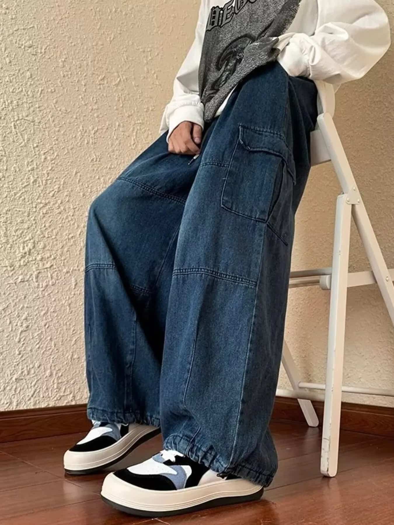 Mens cargo jeans dark wash plus size loose fit S-2XL