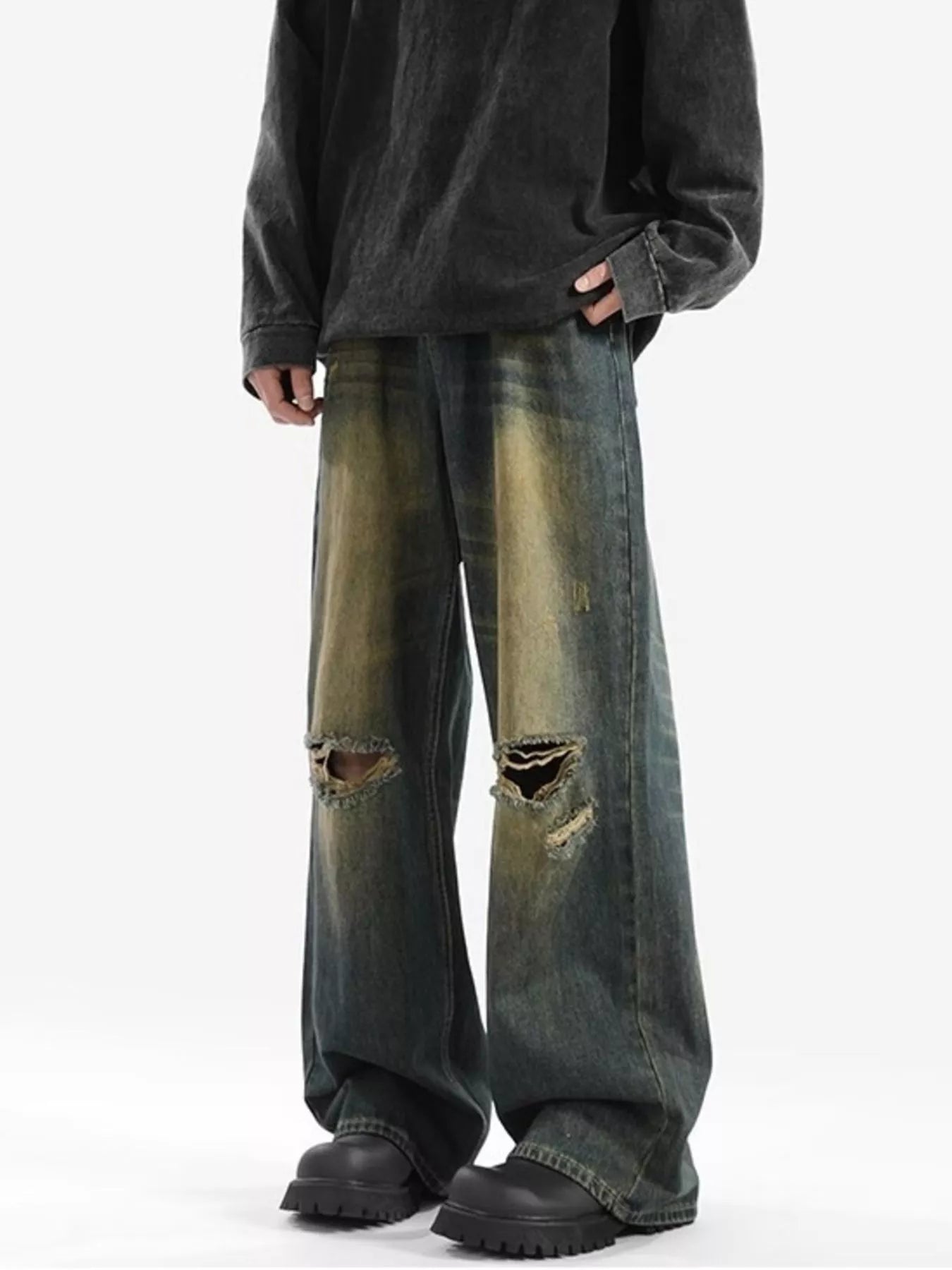 Mens distressed jeans plus size wide leg denim S-2XL