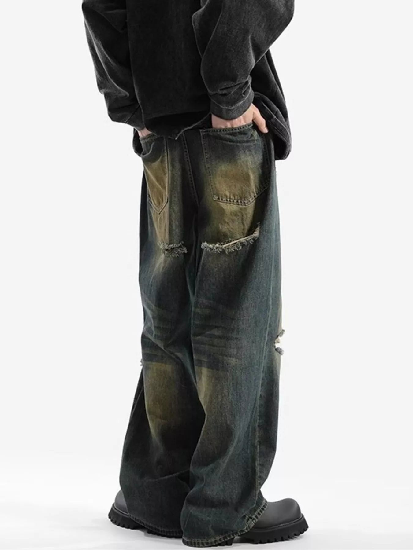 Mens distressed jeans plus size wide leg denim S-2XL