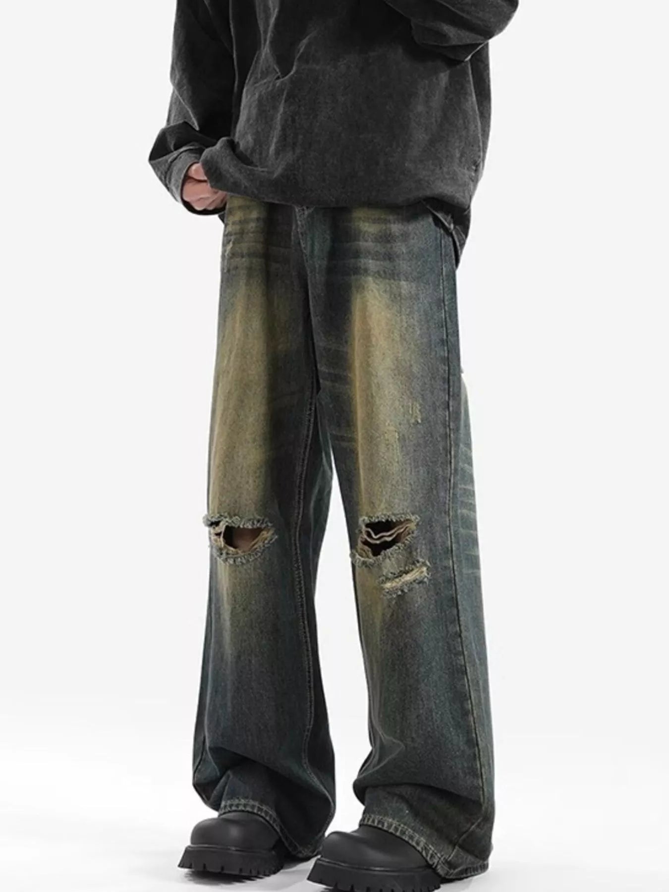 Mens distressed jeans plus size wide leg denim S-2XL