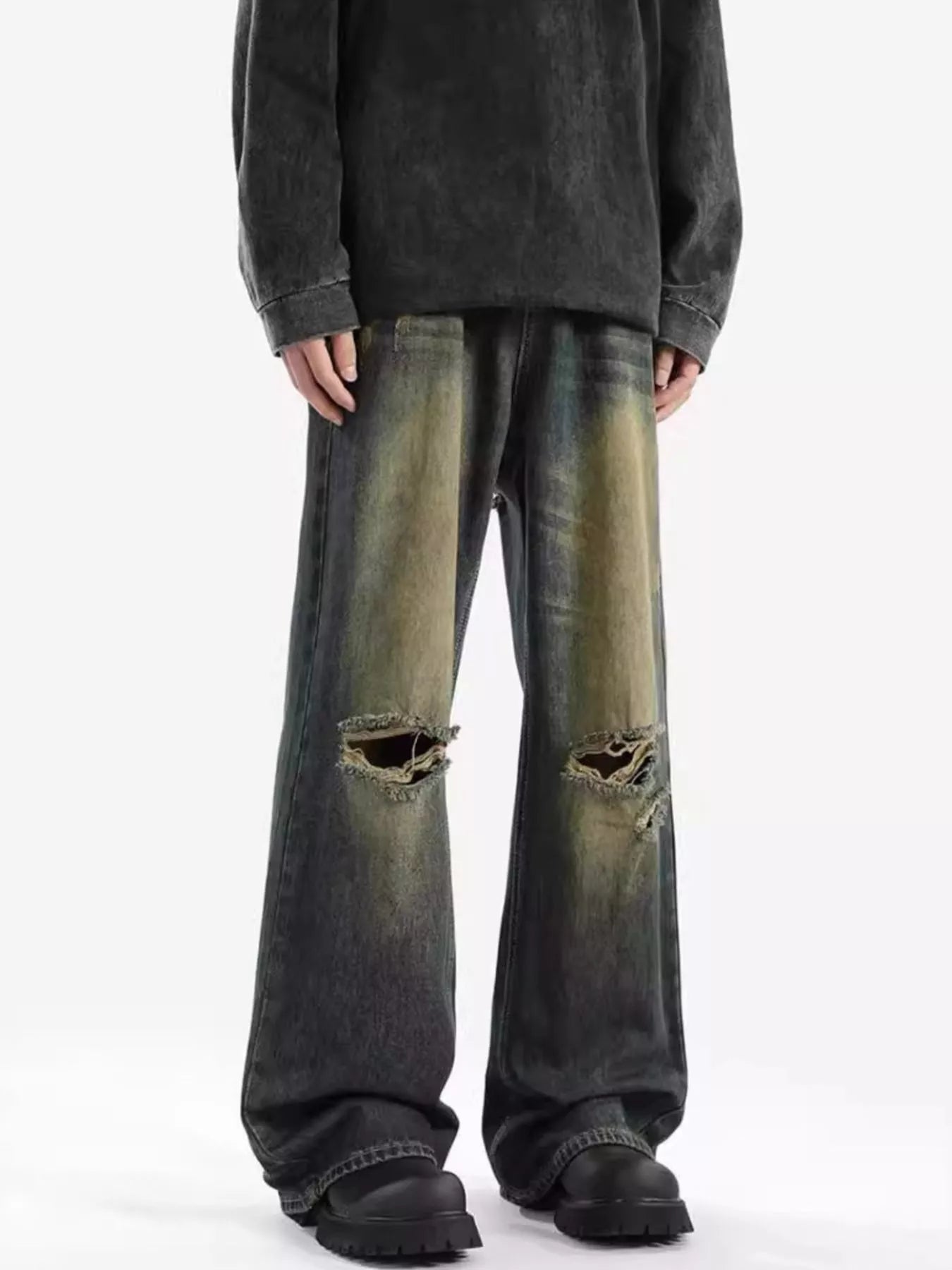 Mens distressed jeans plus size wide leg denim S-2XL
