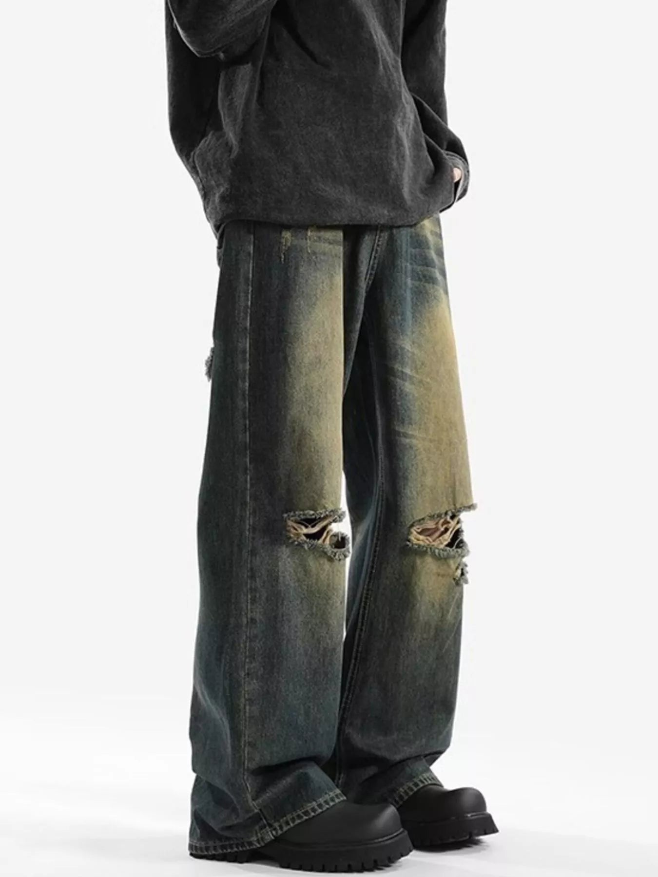 Mens distressed jeans plus size wide leg denim S-2XL