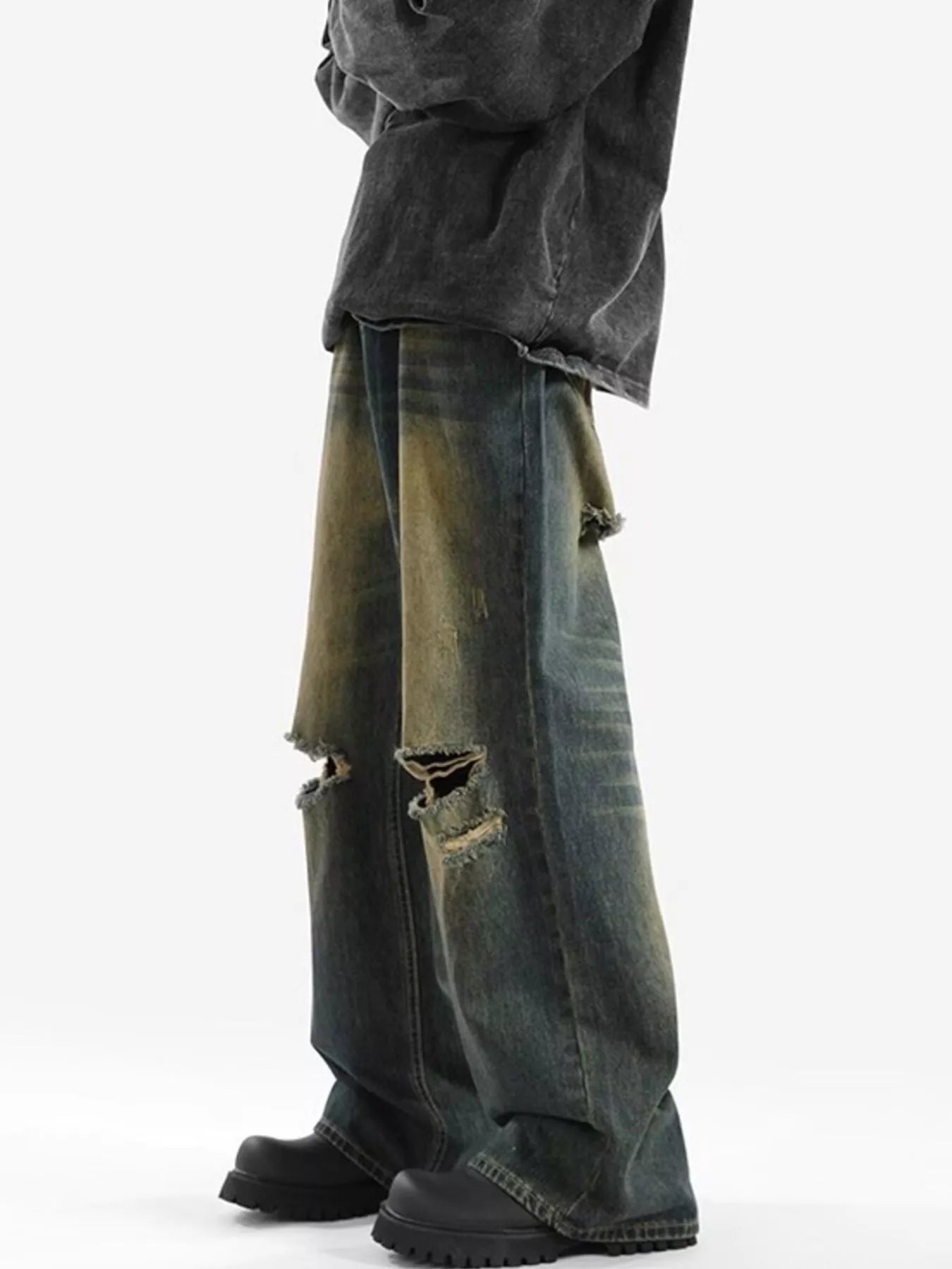 Mens distressed jeans plus size wide leg denim S-2XL