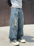 Mens ripped denim jeans classic distressed plus size wide leg S-2XL