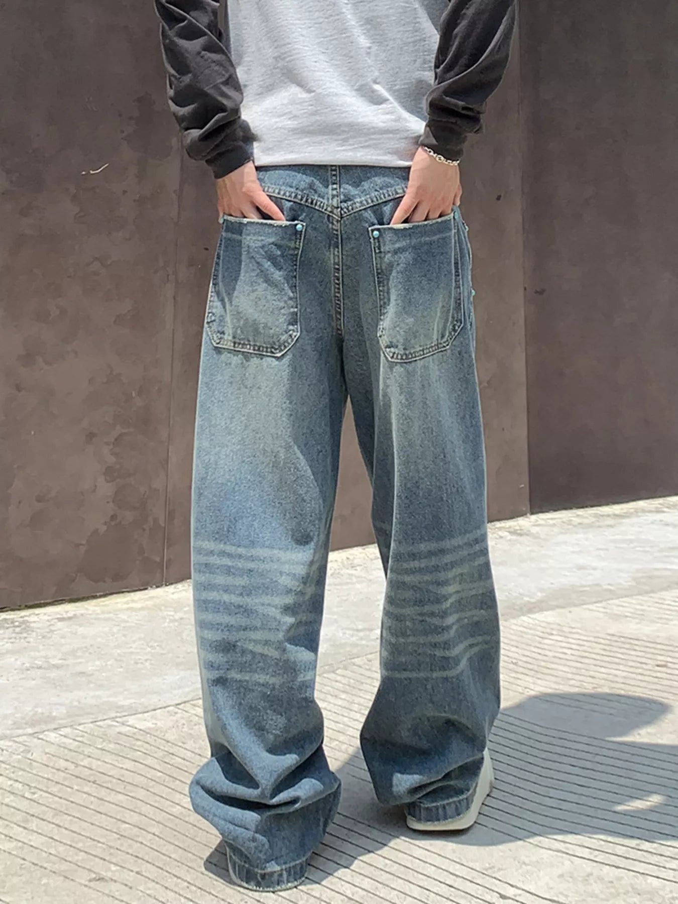 Mens ripped denim jeans classic distressed plus size wide leg S-2XL