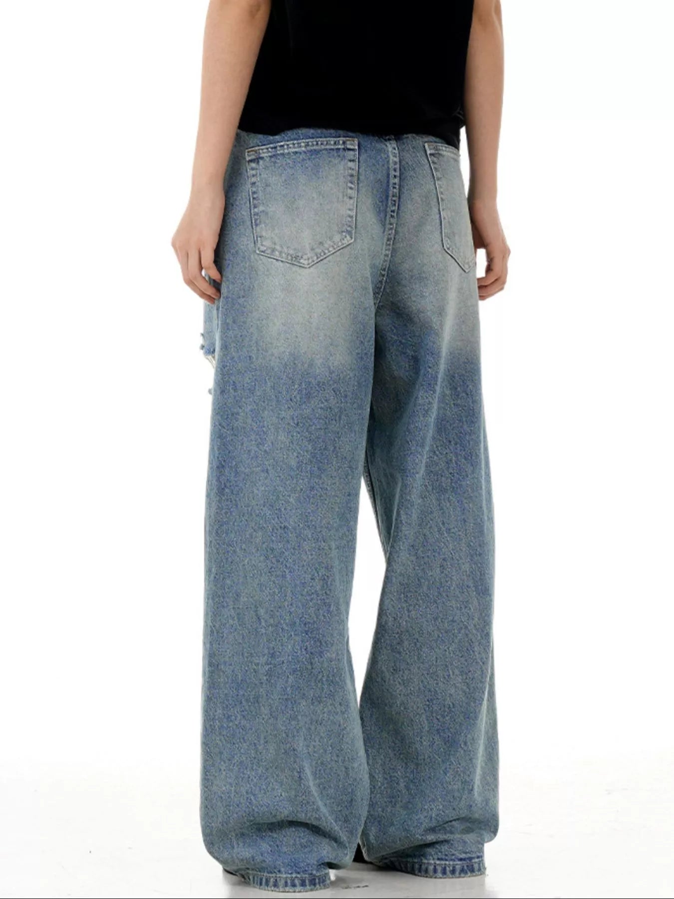 Mens ripped denim jeans Washed Blue distressed wide leg S-2XL