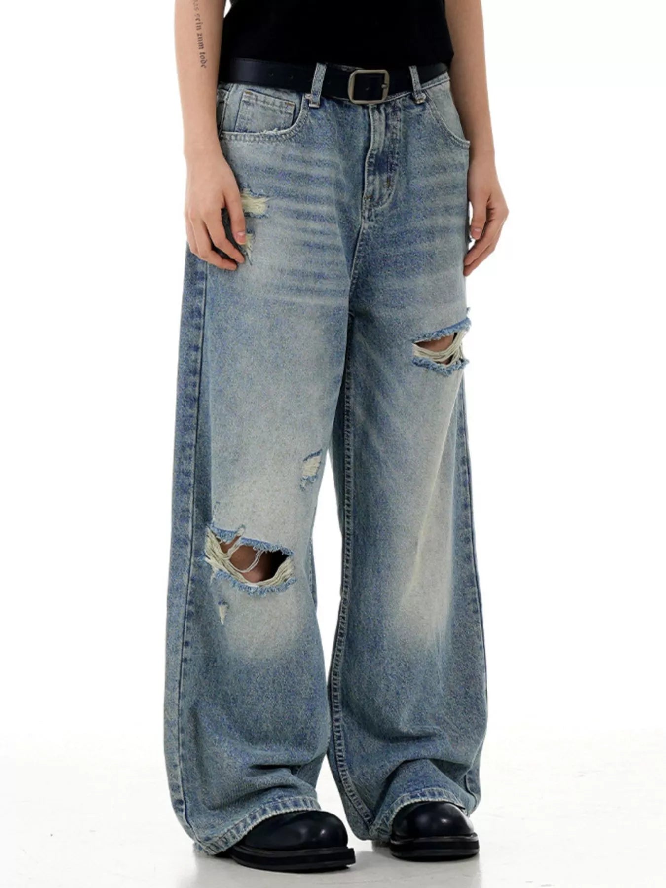 Mens ripped denim jeans Washed Blue distressed wide leg S-2XL