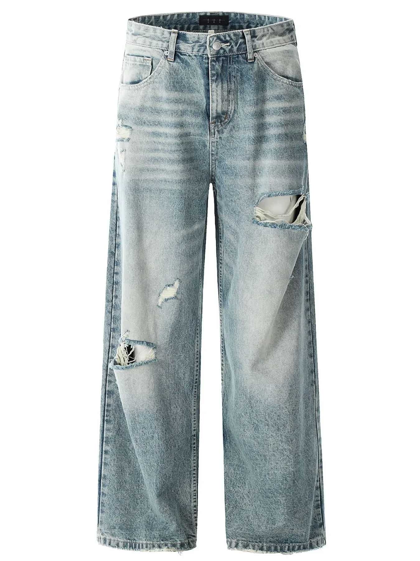 Mens ripped denim jeans Washed Blue distressed wide leg S-2XL