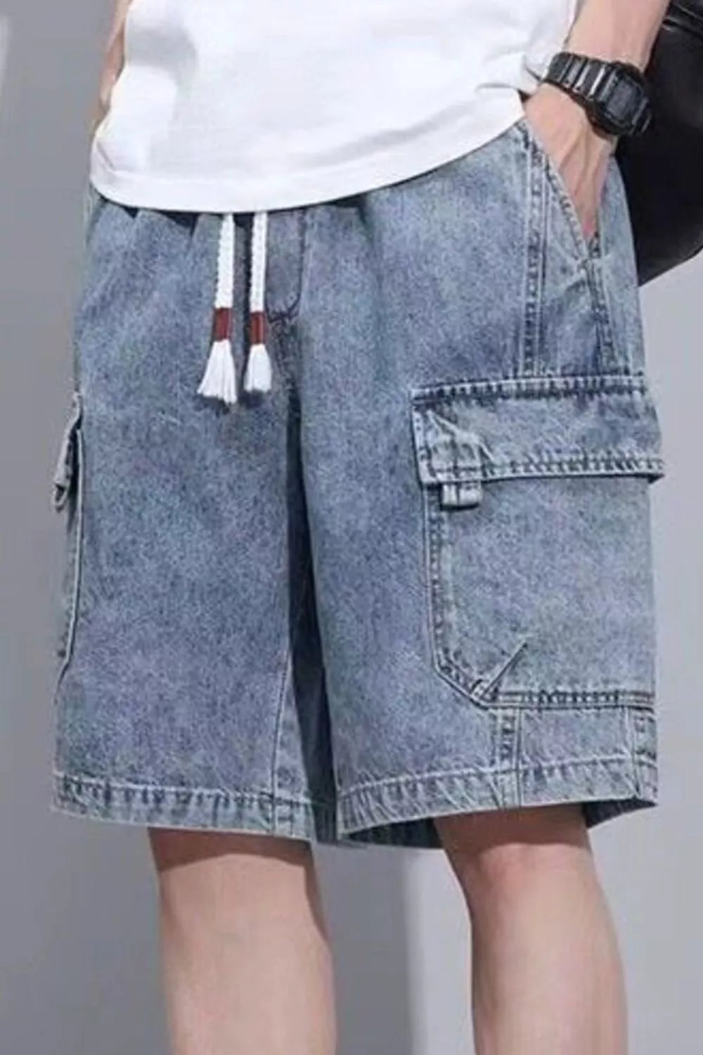 Stretch denim short shorts men's plus size vintage wash cargo S-3XL