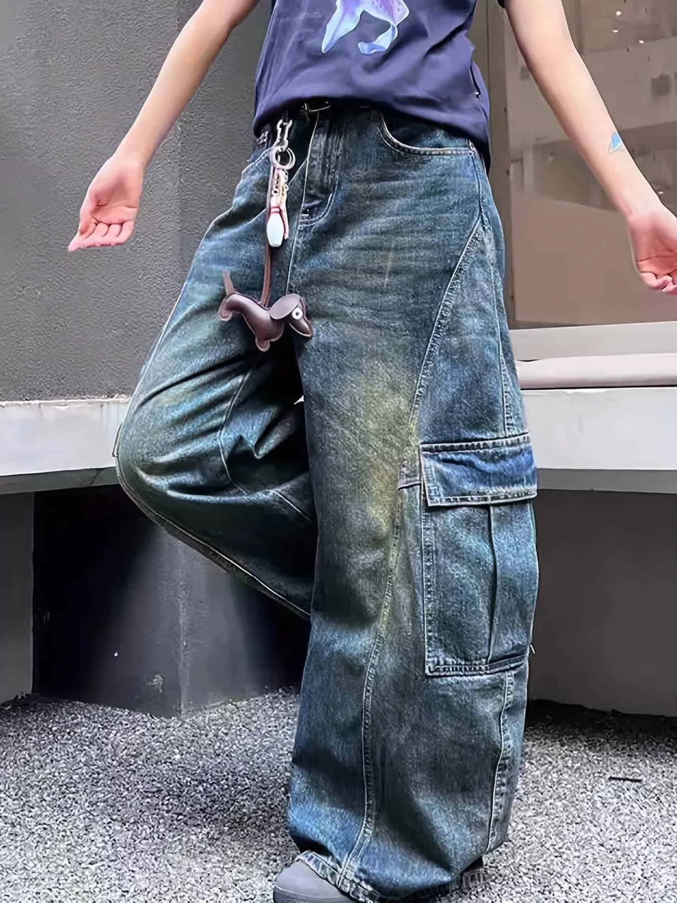 Wide leg cargo jeans men's vintage wash pocketed S-2XL