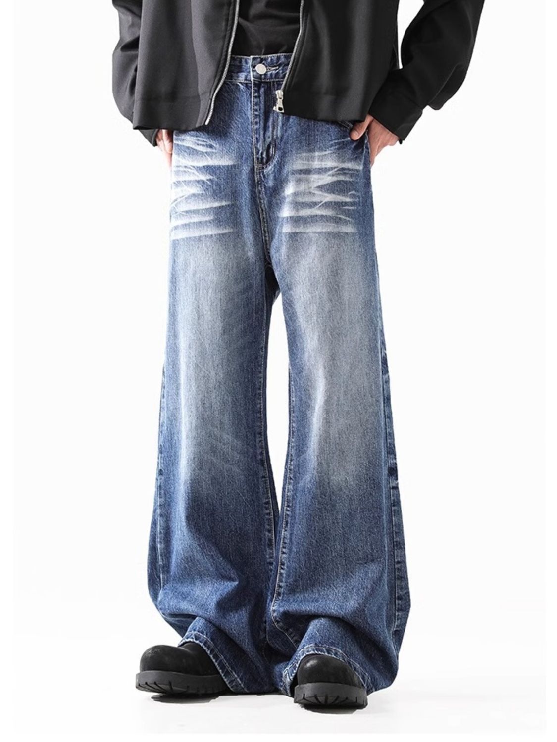 Men's wide leg jeans premium washed cotton denim S-2XL