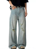Mid rise wide leg jeans Ice Clear Blue distressed denim men's S-2XL