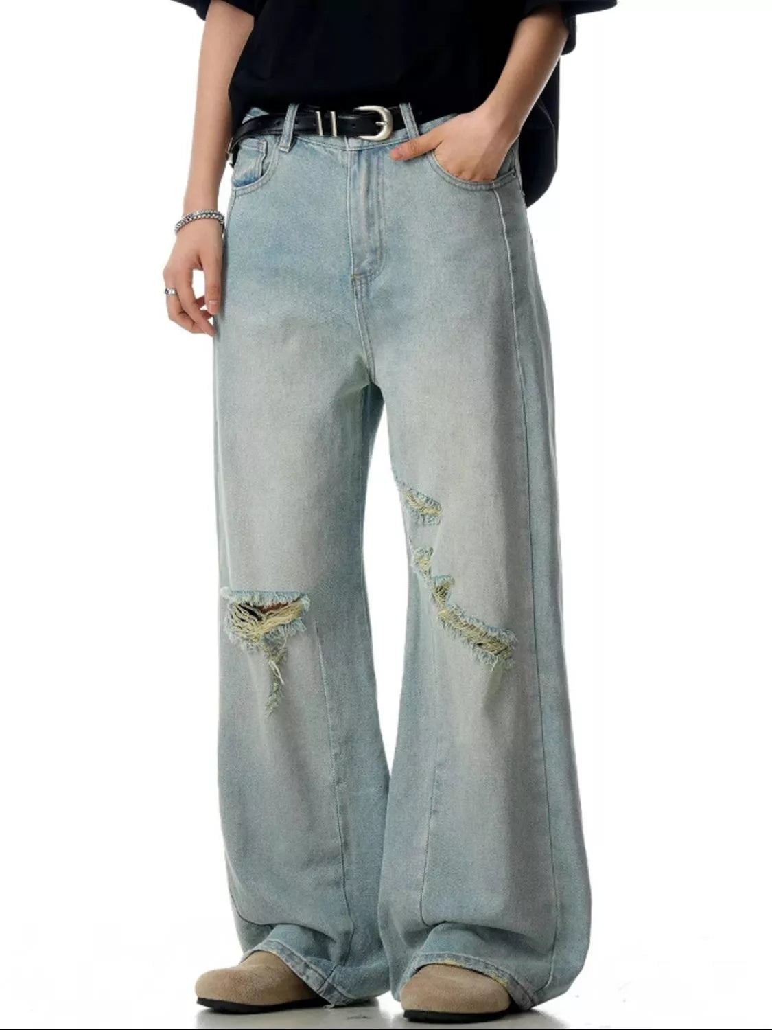 Mid rise wide leg jeans Ice Clear Blue distressed denim men's S-2XL