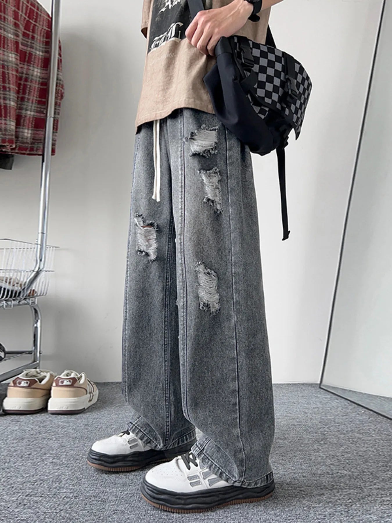 Oversized light blue denim jeans plus size distressed wide leg S-3XL