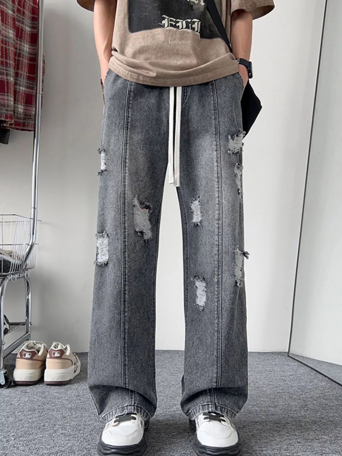 Oversized light blue denim jeans plus size distressed wide leg S-3XL