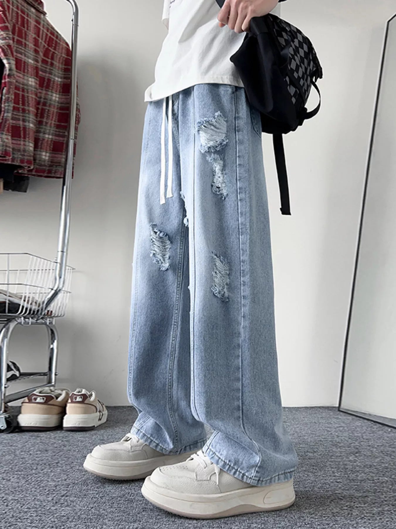 Oversized light blue denim jeans plus size distressed wide leg S-3XL