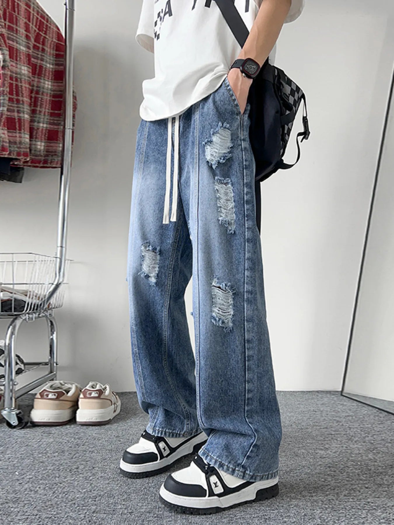 Oversized light blue denim jeans plus size distressed wide leg S-3XL