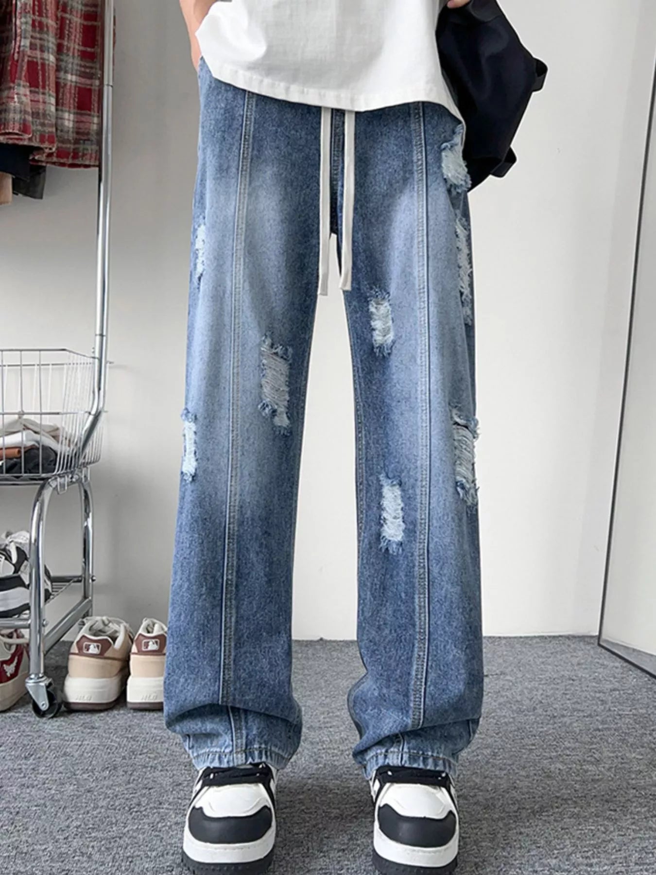 Oversized light blue denim jeans plus size distressed wide leg S-3XL