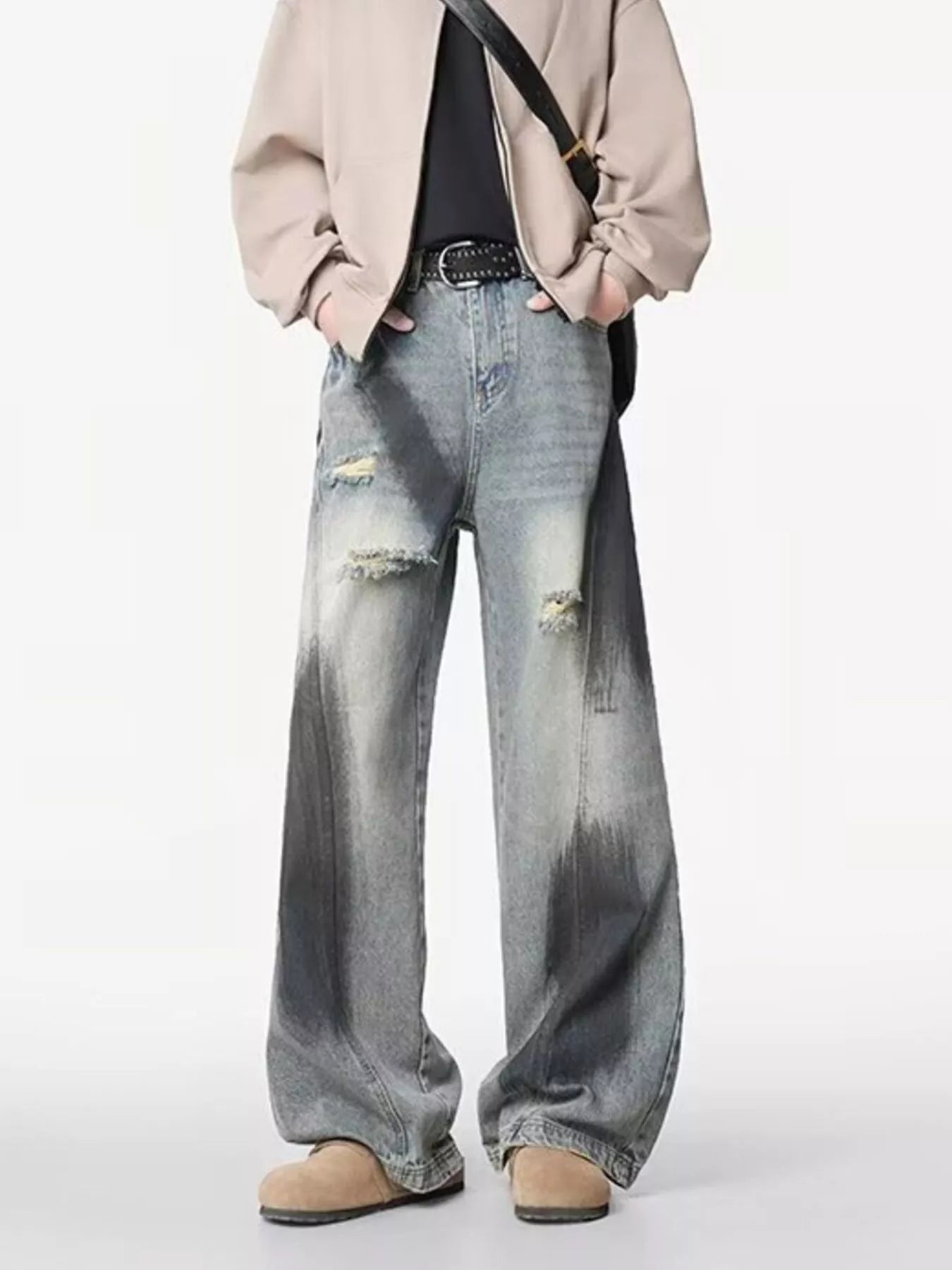 Belted wide leg jeans men plus size distressed denim M-3XL