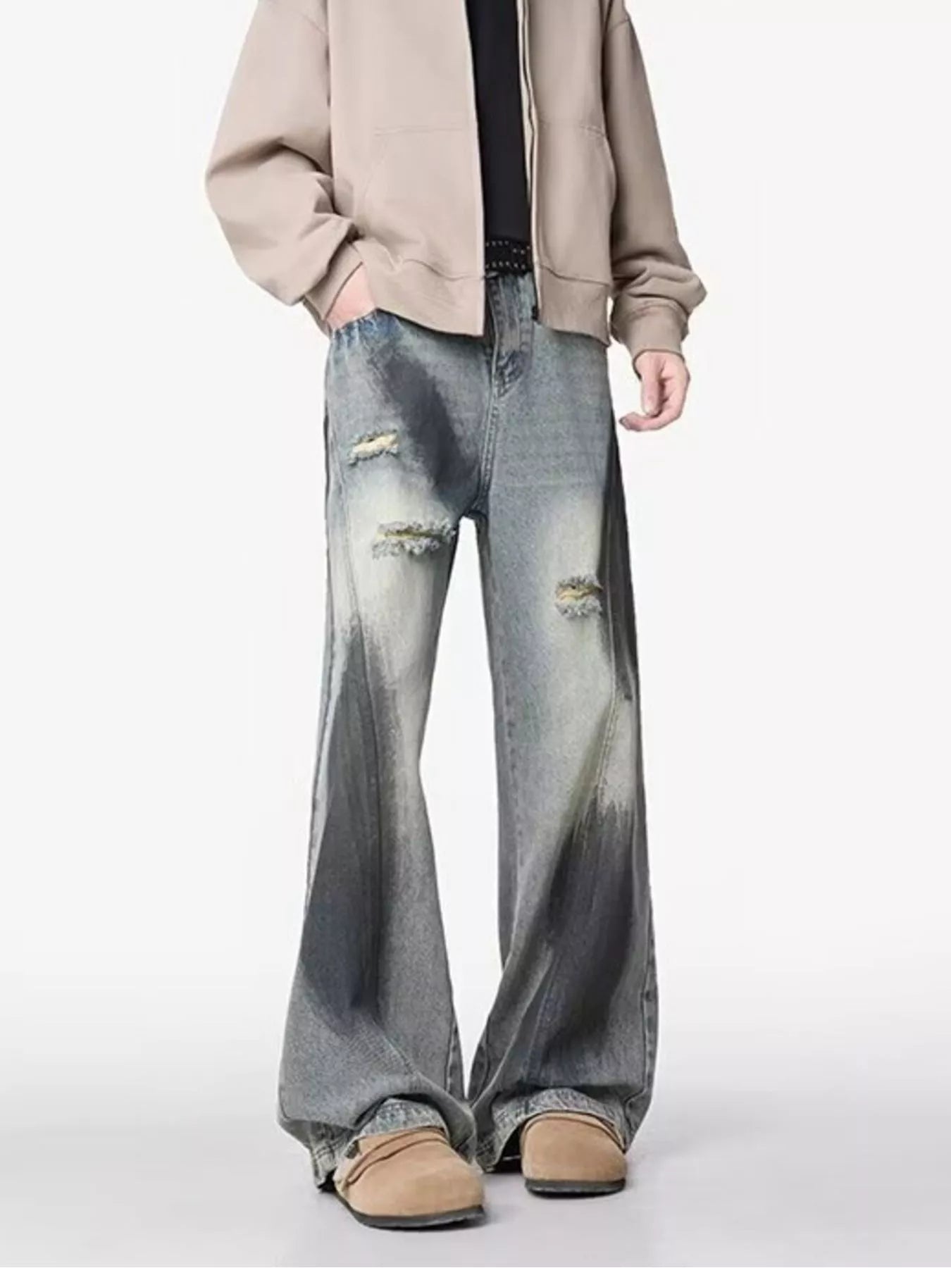 Belted wide leg jeans men plus size distressed denim M-3XL