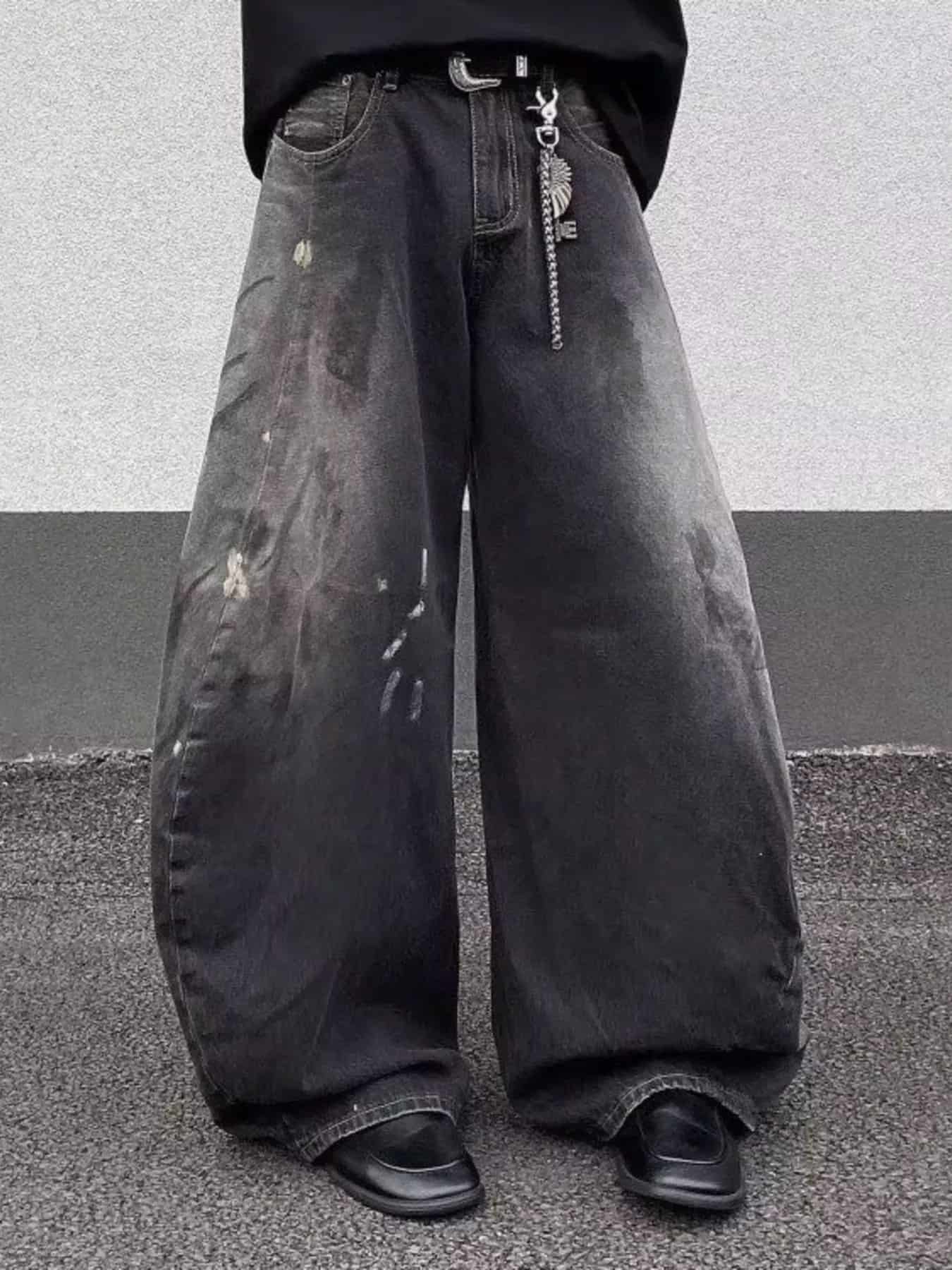 Black distressed jeans men's plus size wide leg S-2XL