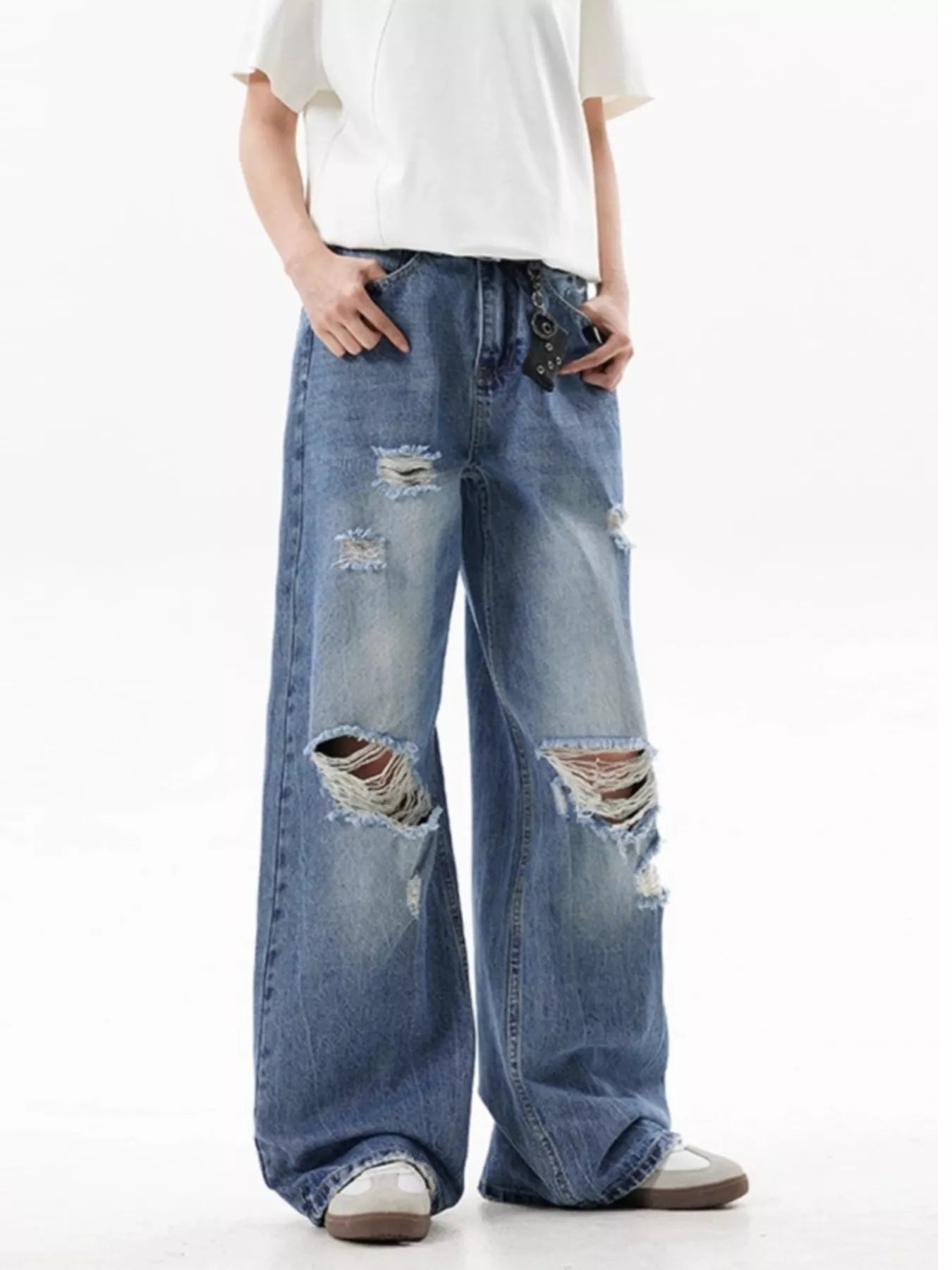 Blue ripped wide leg jeans men plus size denim S-2XL