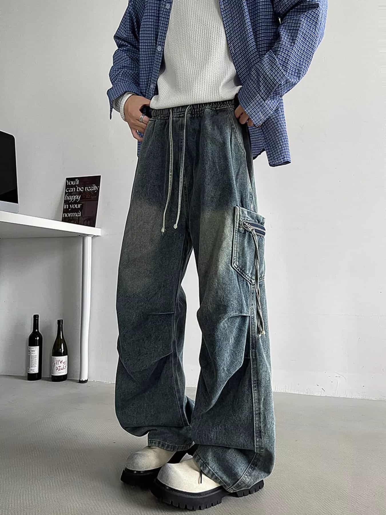 Drawstring cargo jeans men plus size utility denim M-3XL