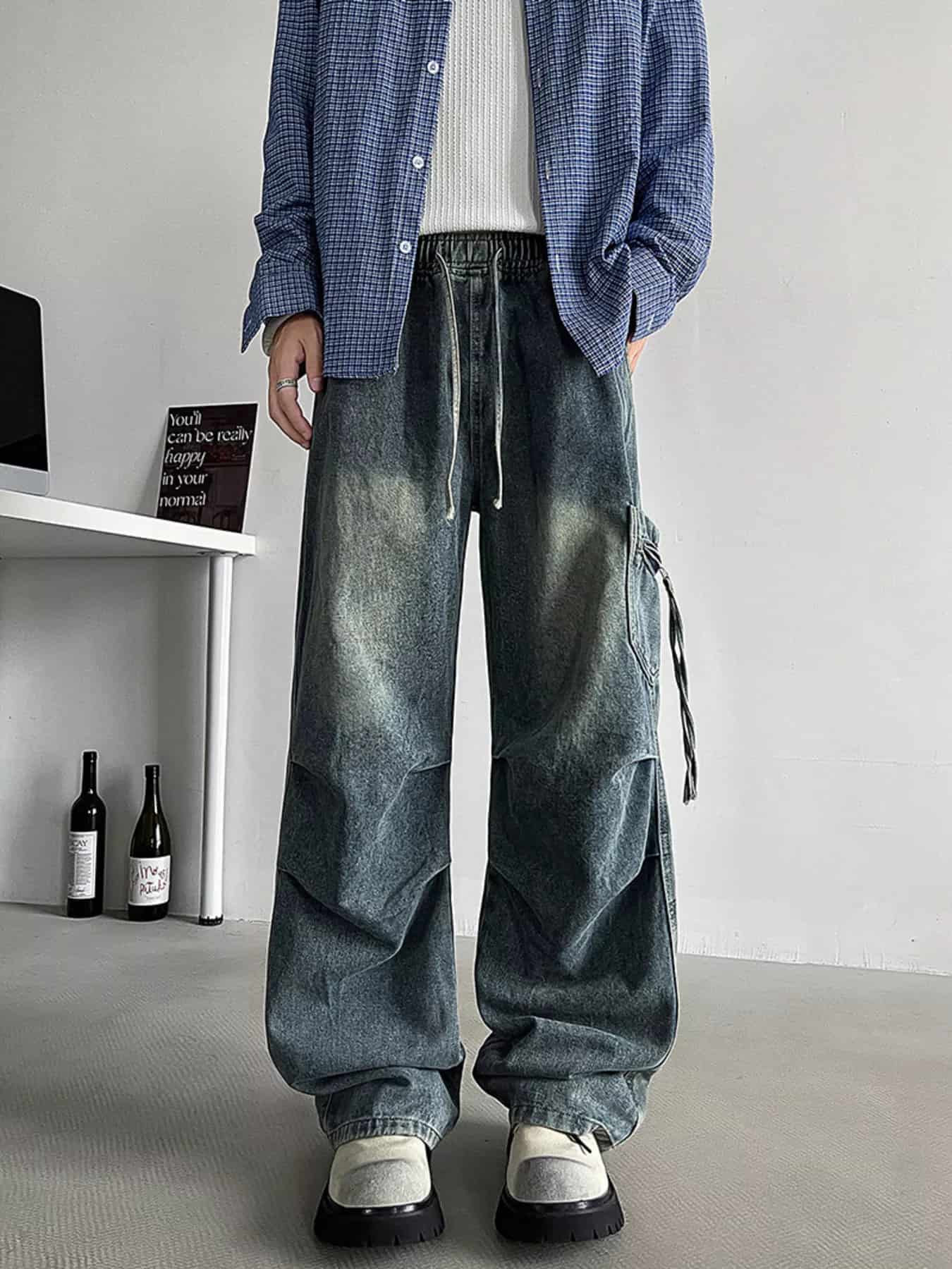 Drawstring cargo jeans men plus size utility denim M-3XL
