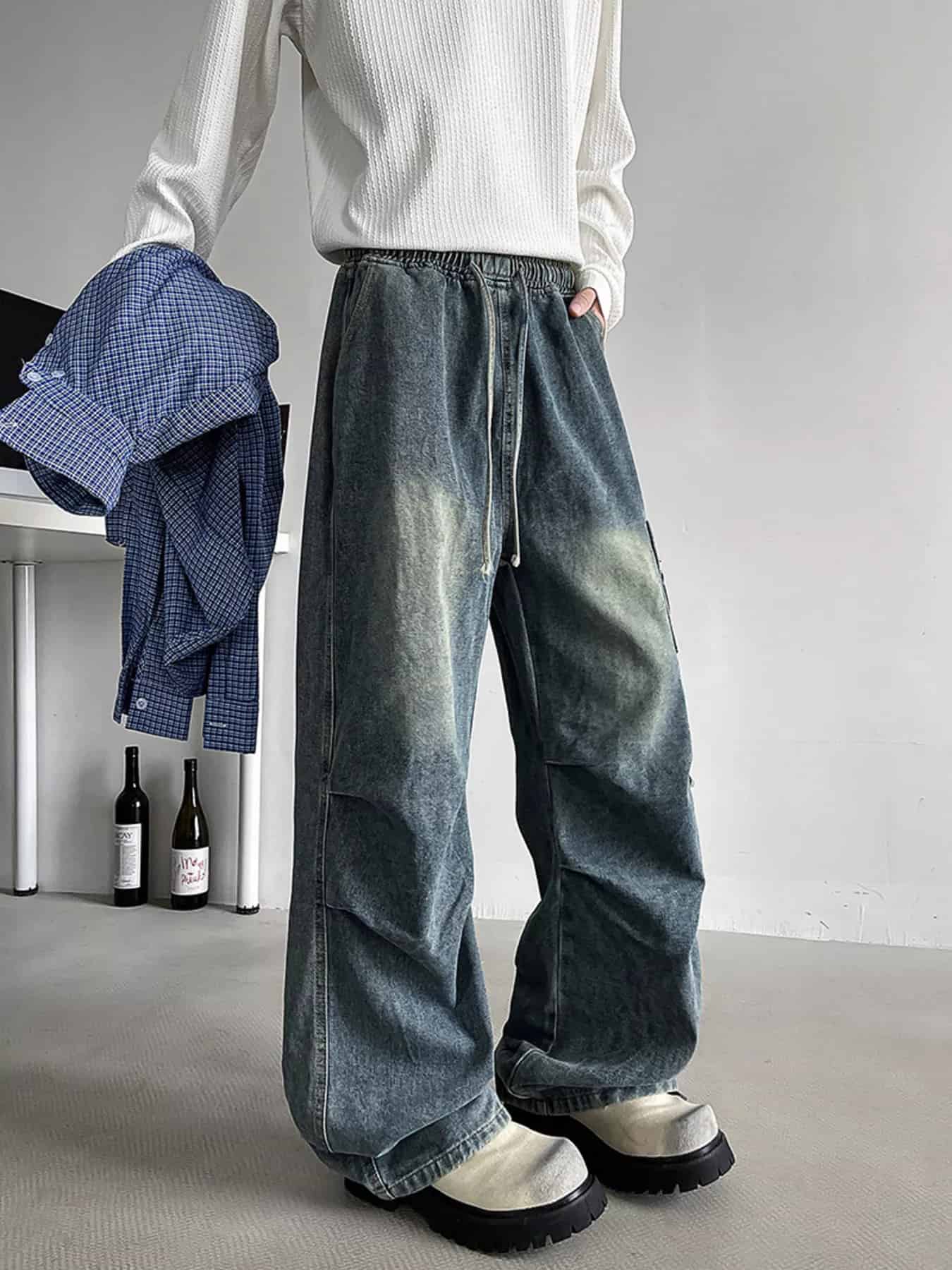 Drawstring cargo jeans men plus size utility denim M-3XL