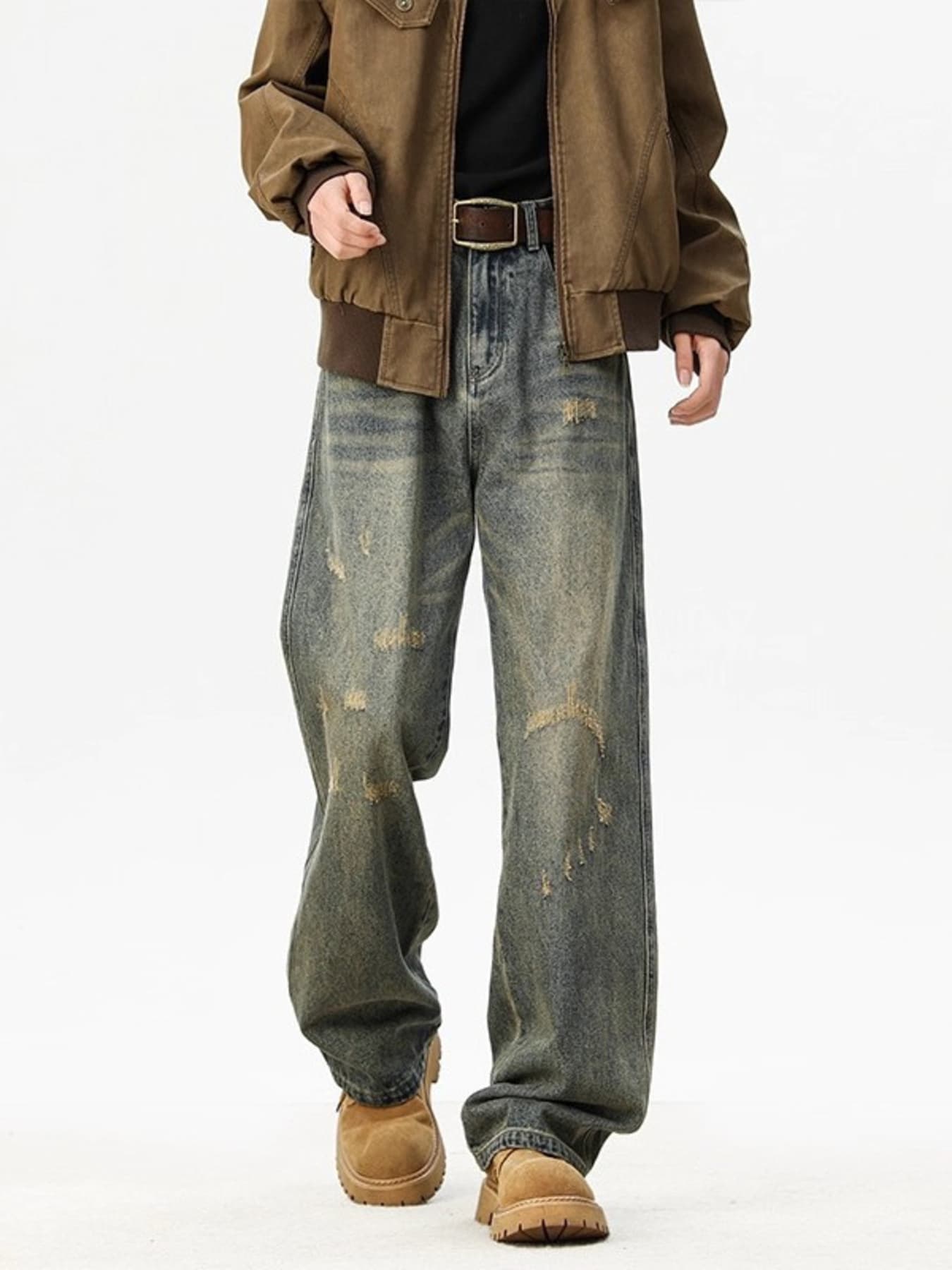Plus size wide leg jeans washed distressed denim S-2XL