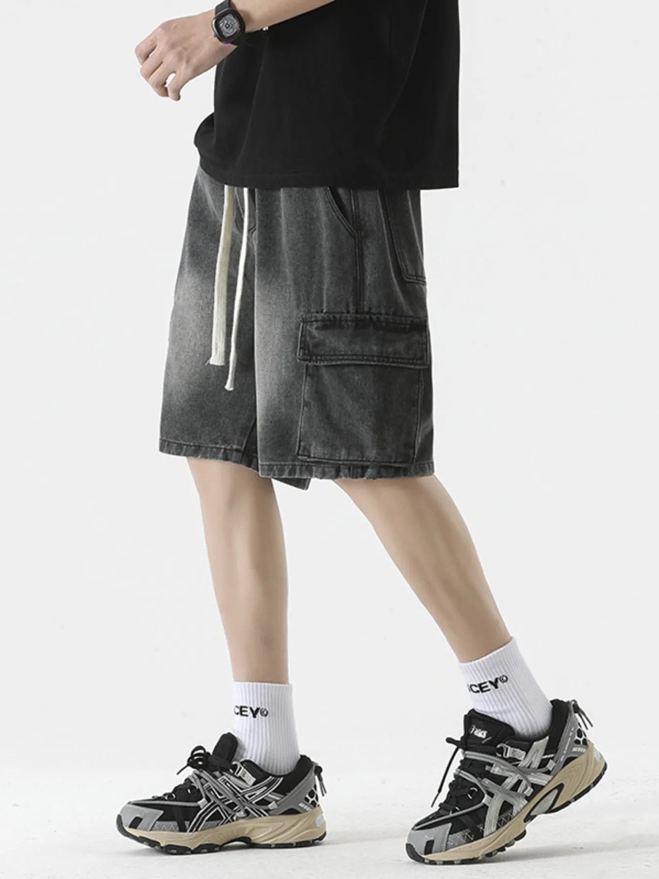 Premium cargo denim shorts for men vintage wash plus size S-3XL