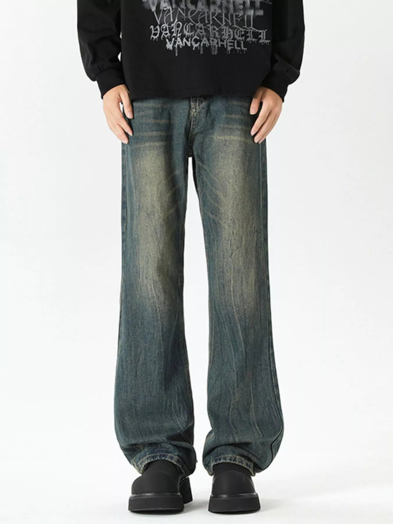 Wide leg dark blue jeans premium vintage wash plus size M-3XL