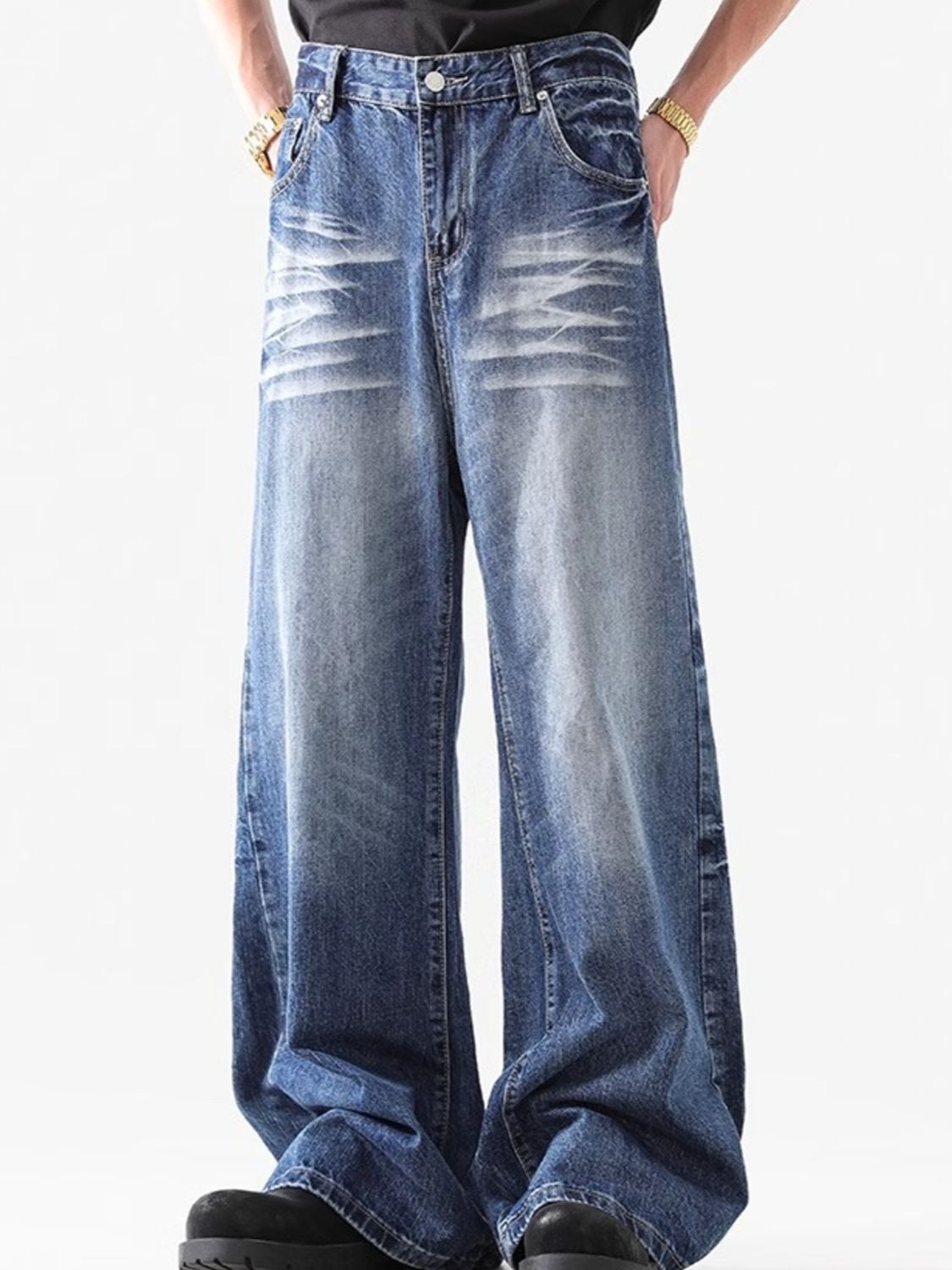 Men's wide leg jeans premium washed cotton denim S-2XL