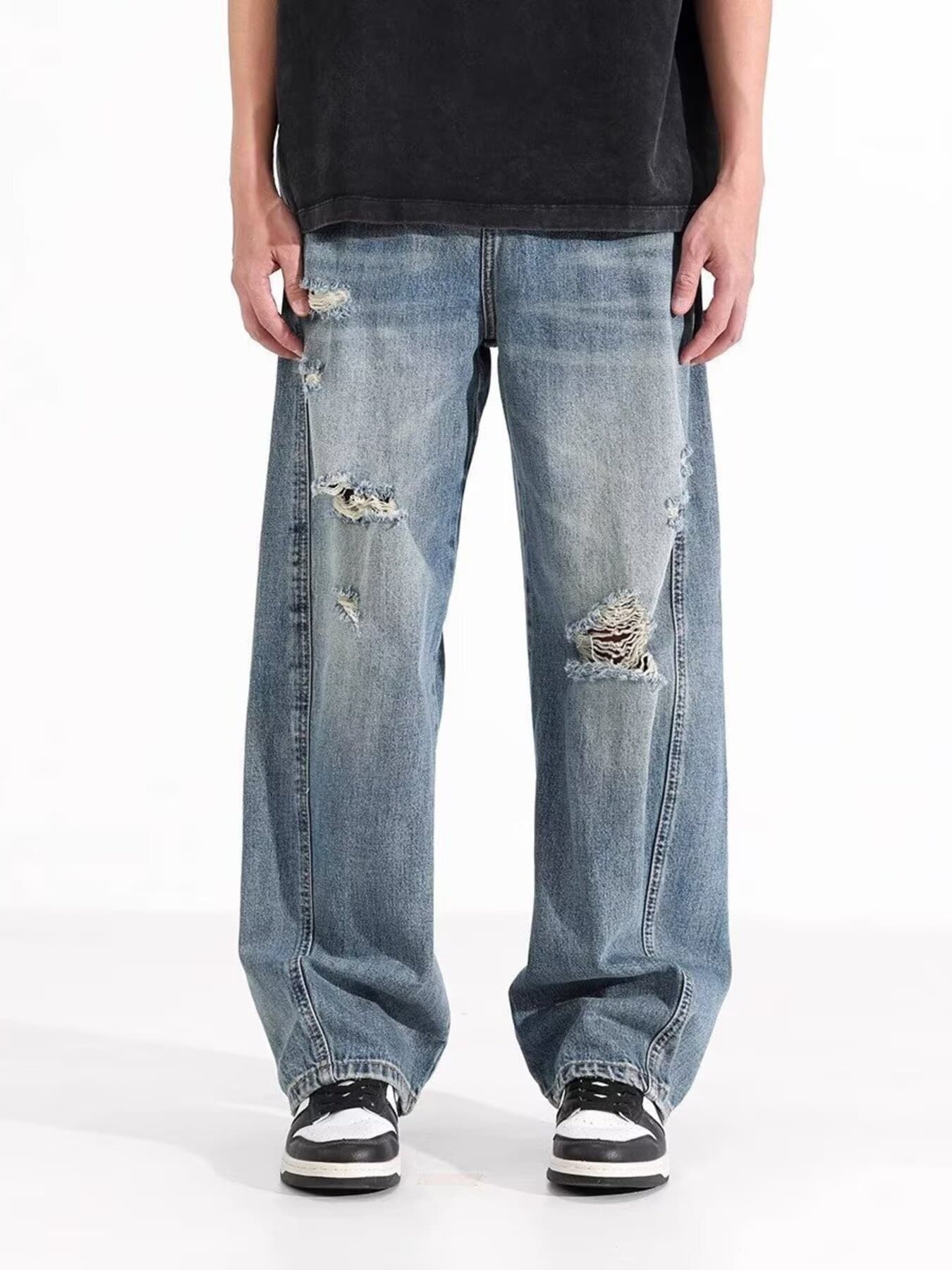Distressed jeans men's plus size 100 cotton wide leg S-2XL