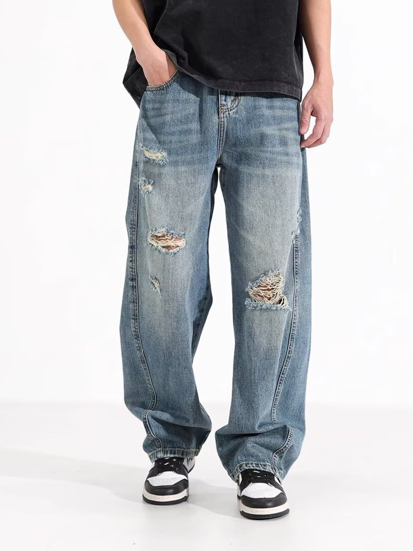 Distressed jeans men's plus size 100 cotton wide leg S-2XL