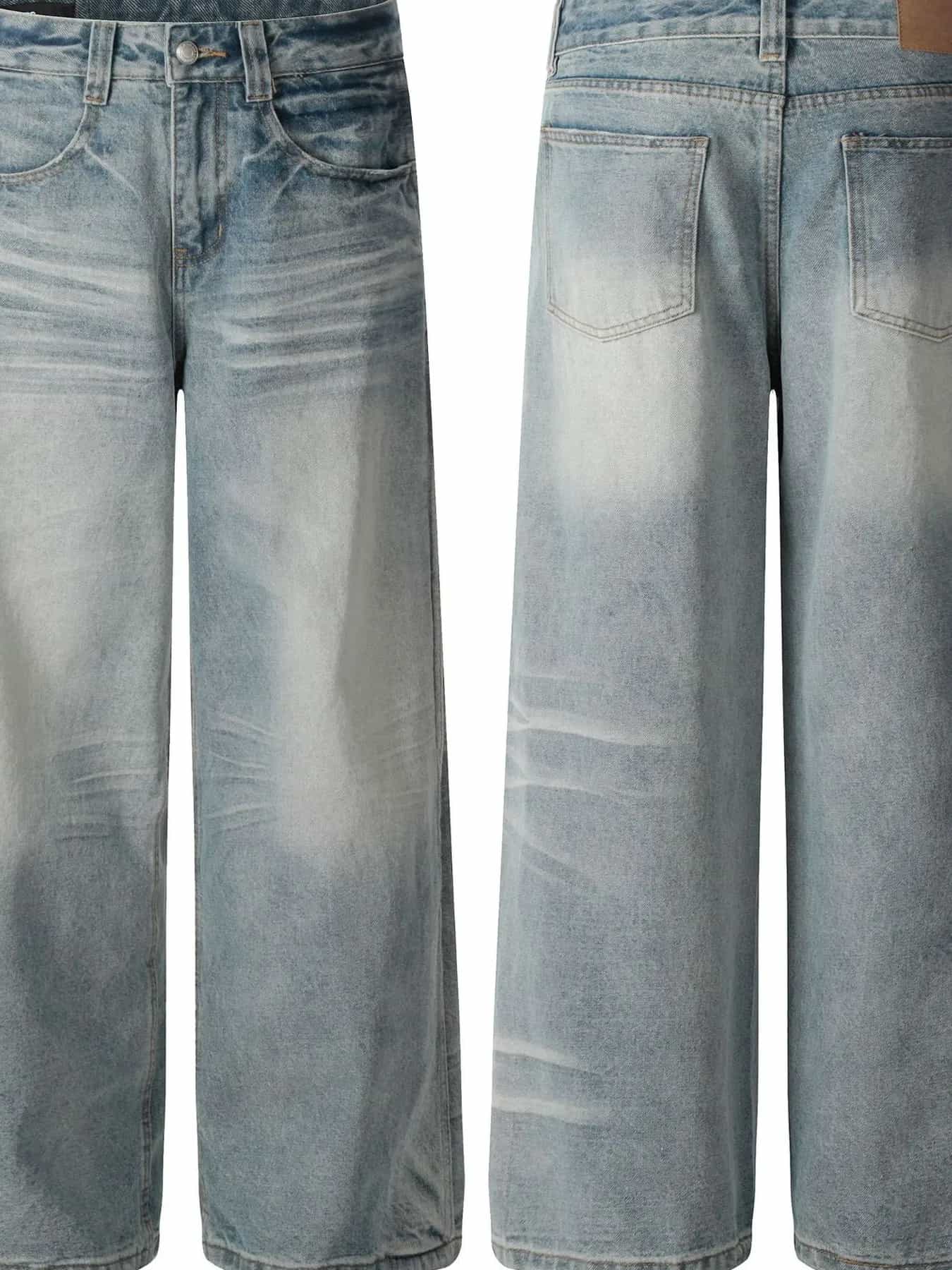 Raw hem denim jeans men's washed wide leg denim S-XL