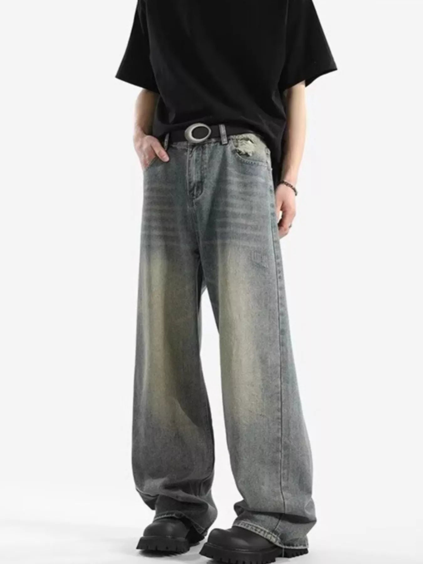 Retro Blue wide leg jeans men plus size vintage denim S-2XL