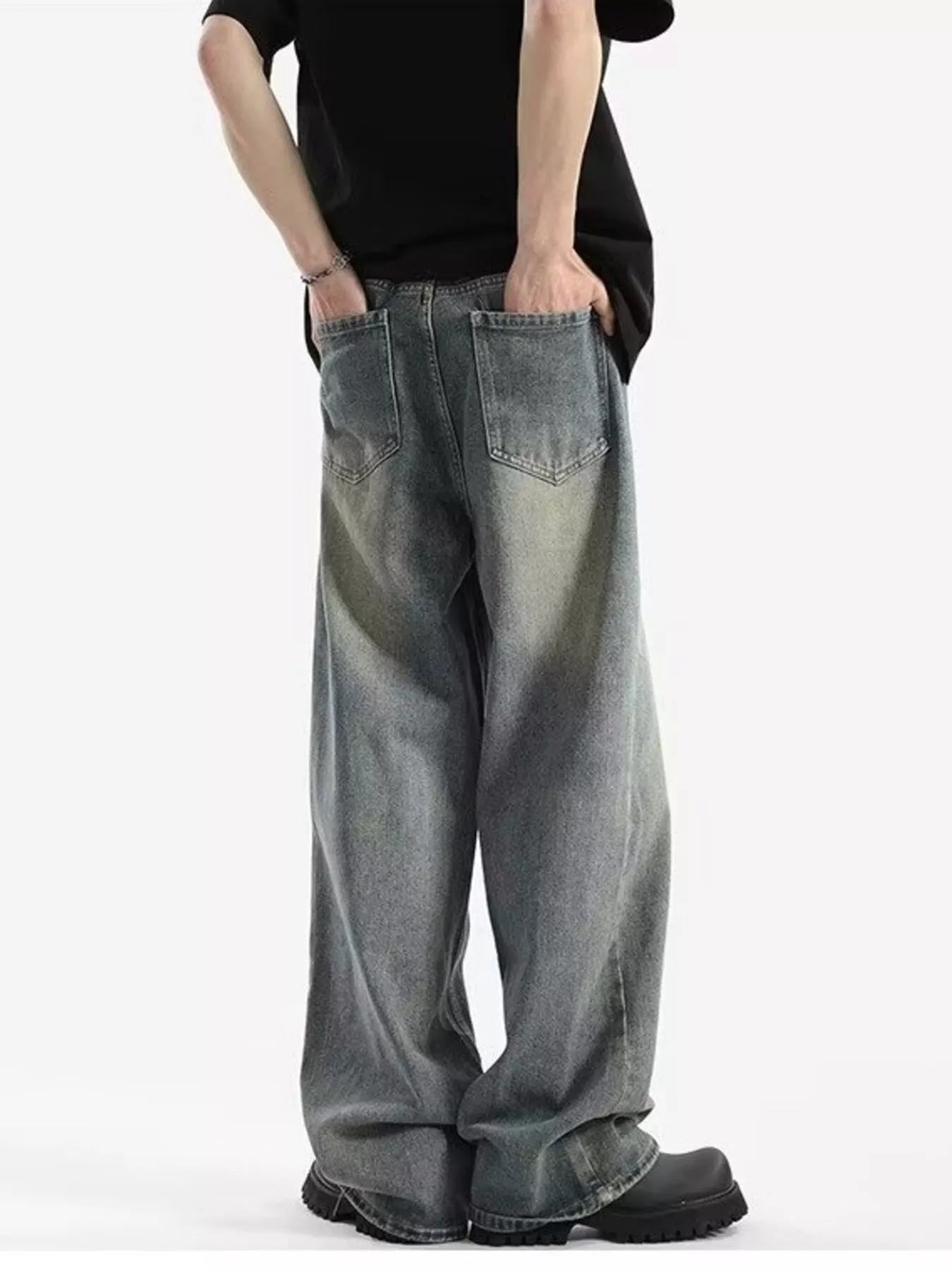 Retro Blue wide leg jeans men plus size vintage denim S-2XL