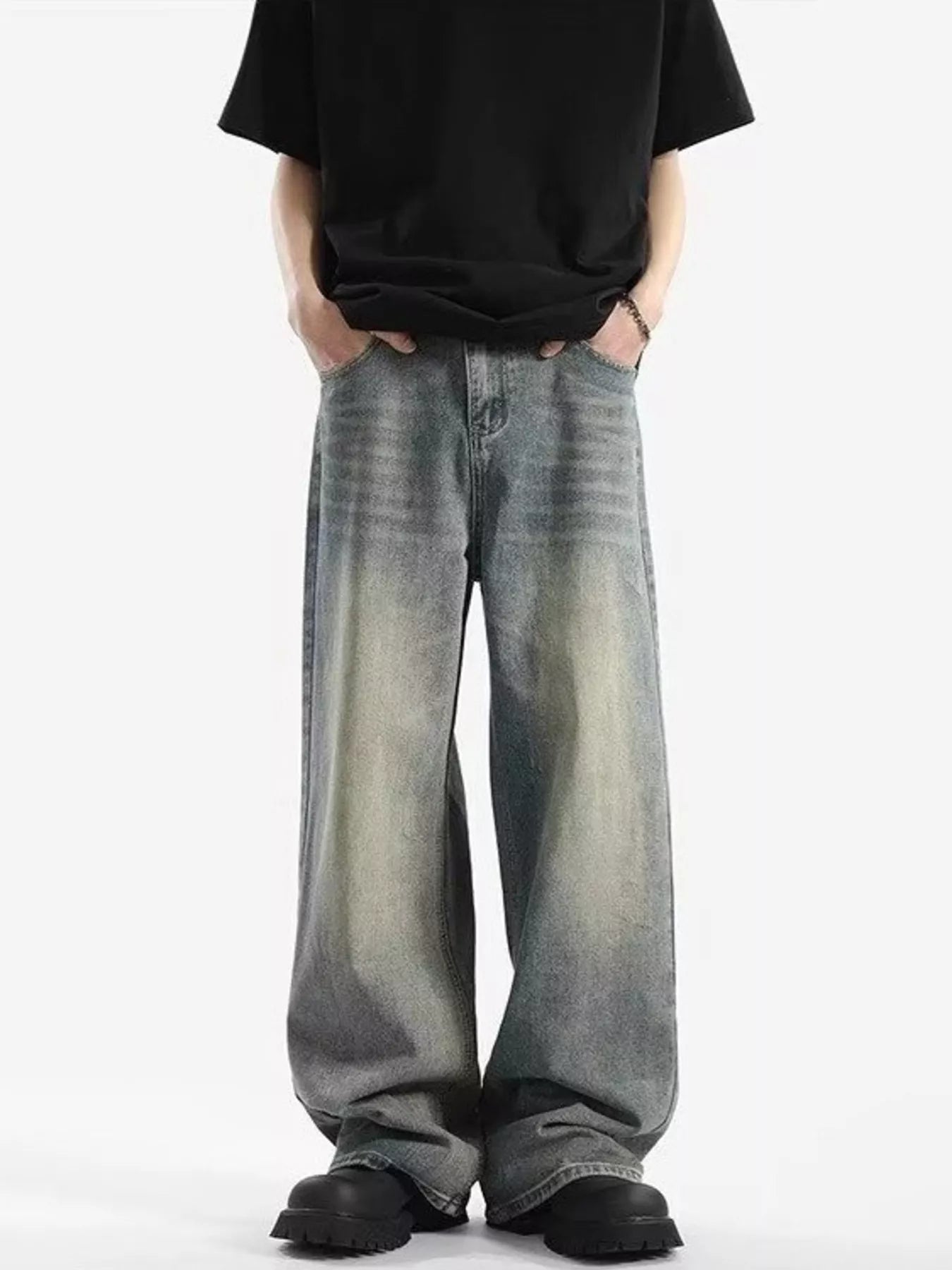 Retro Blue wide leg jeans men plus size vintage denim S-2XL